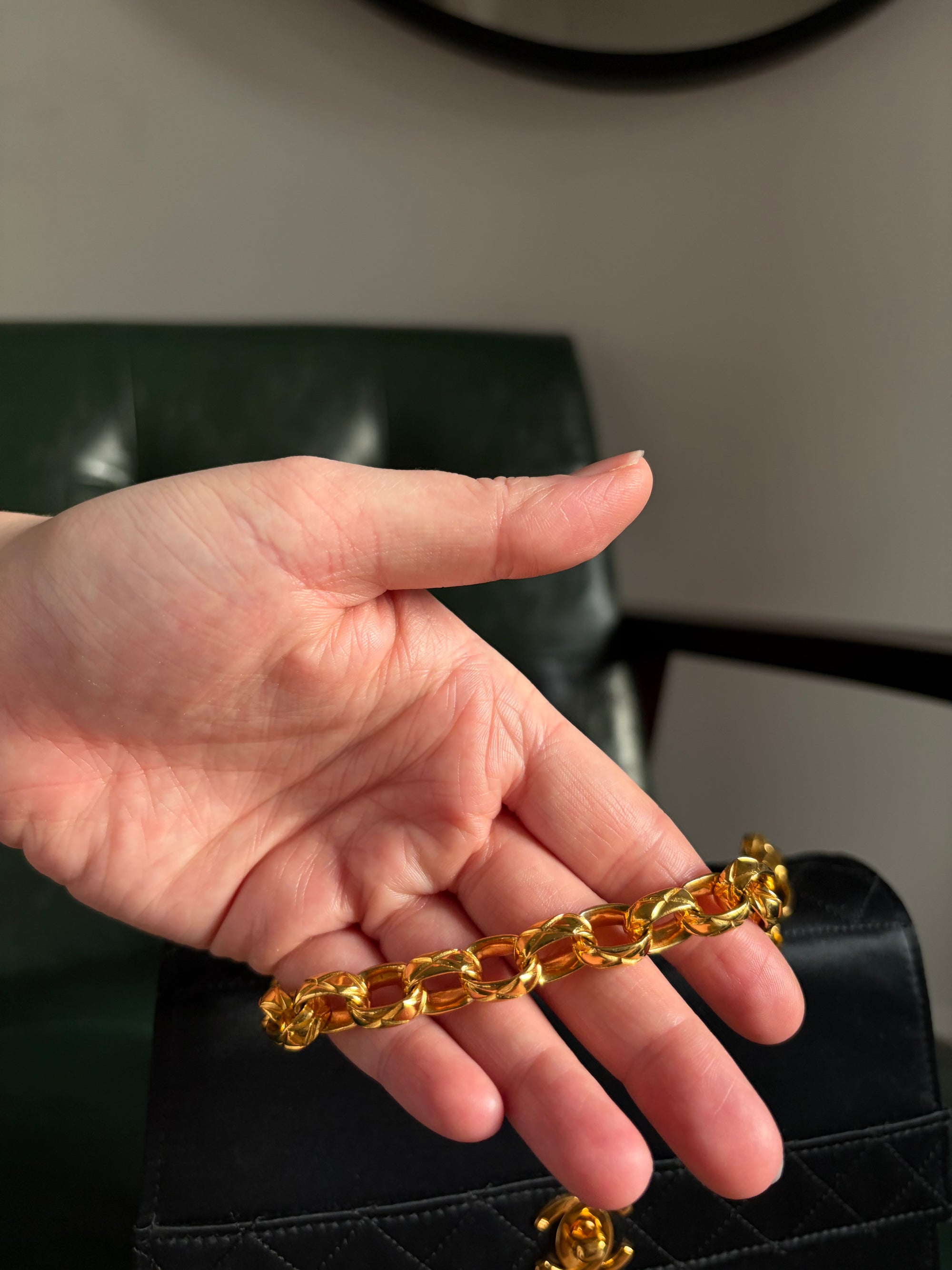 Rare! Chanel trapezoid black satin bag with 24ct gold bijoux chain