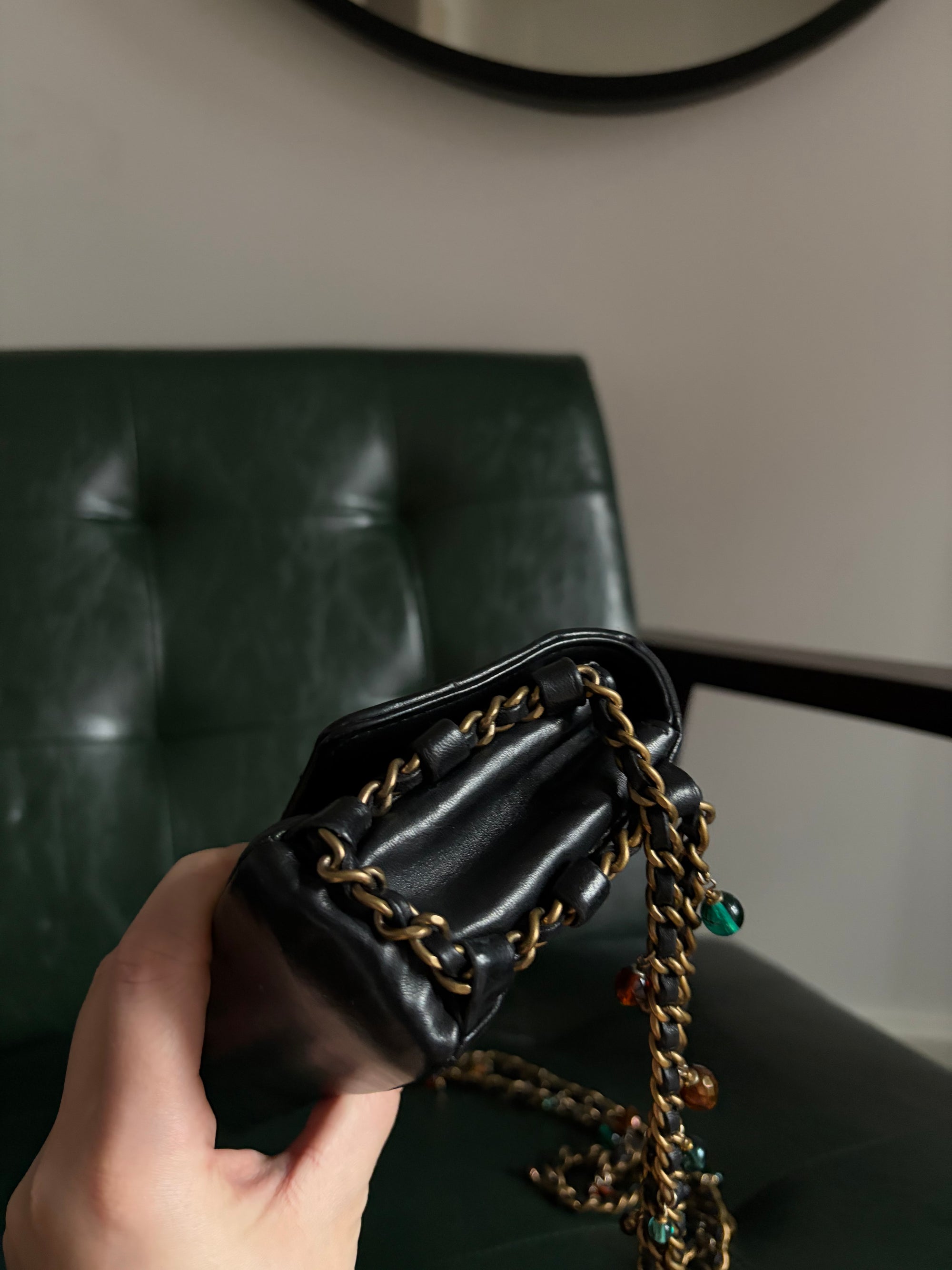 Rare! Chanel black lambskin chocolate bar east west bag with embellished chain