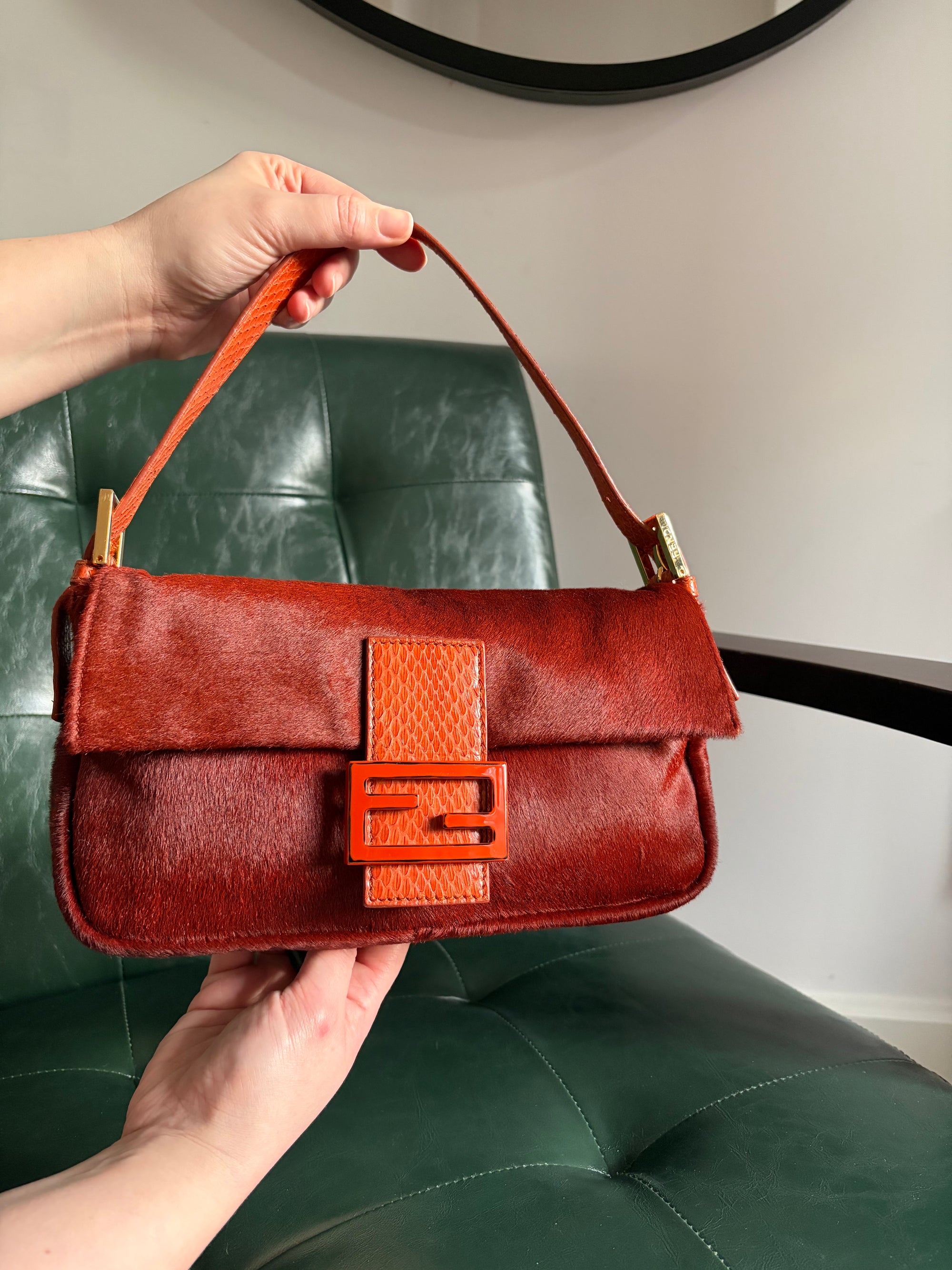 Ultra rare! Orange Fendi pony hair baguette