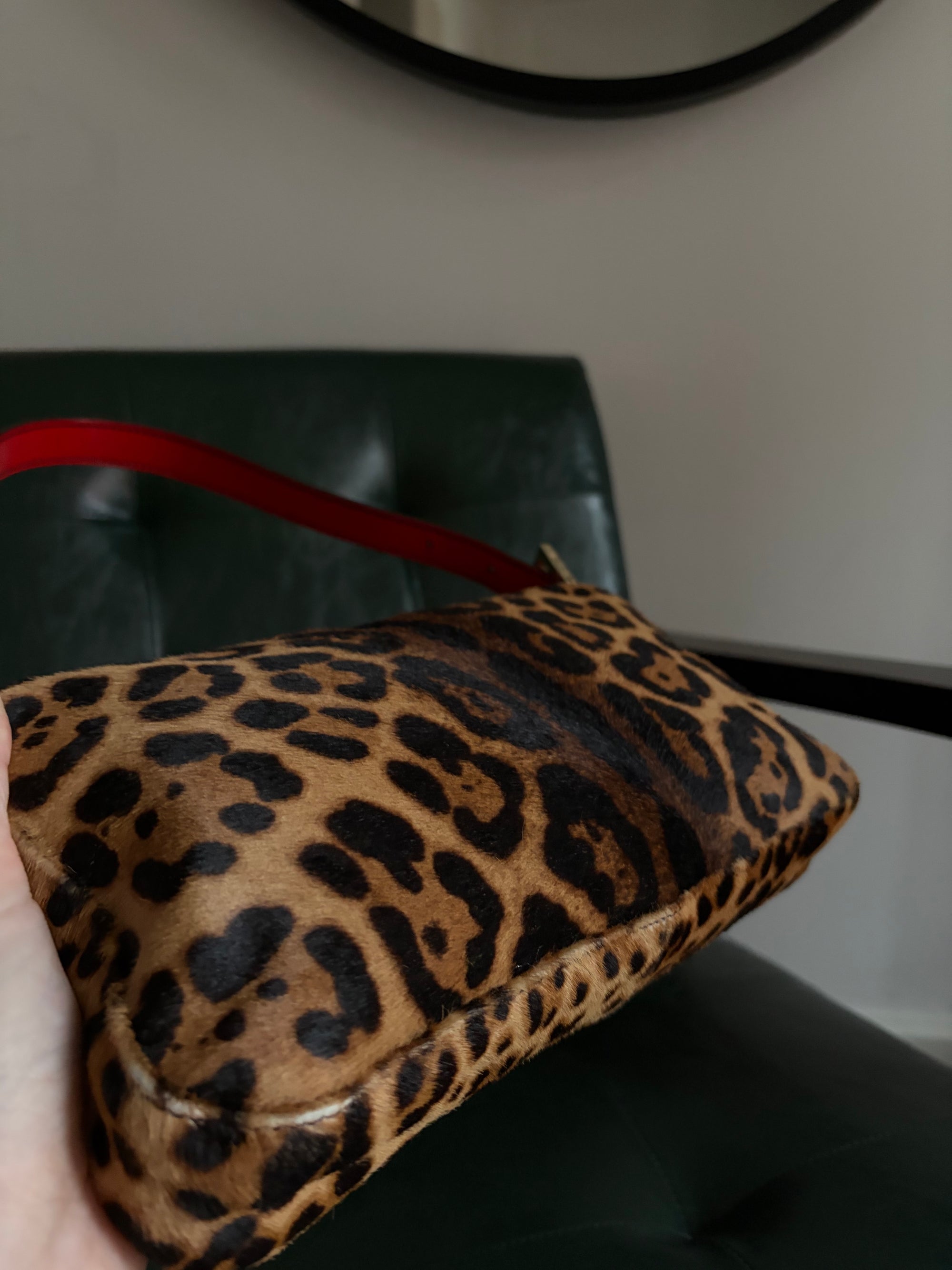 Rare! Vintage Fendi leopard print pony hair baguette bag with red leather trim