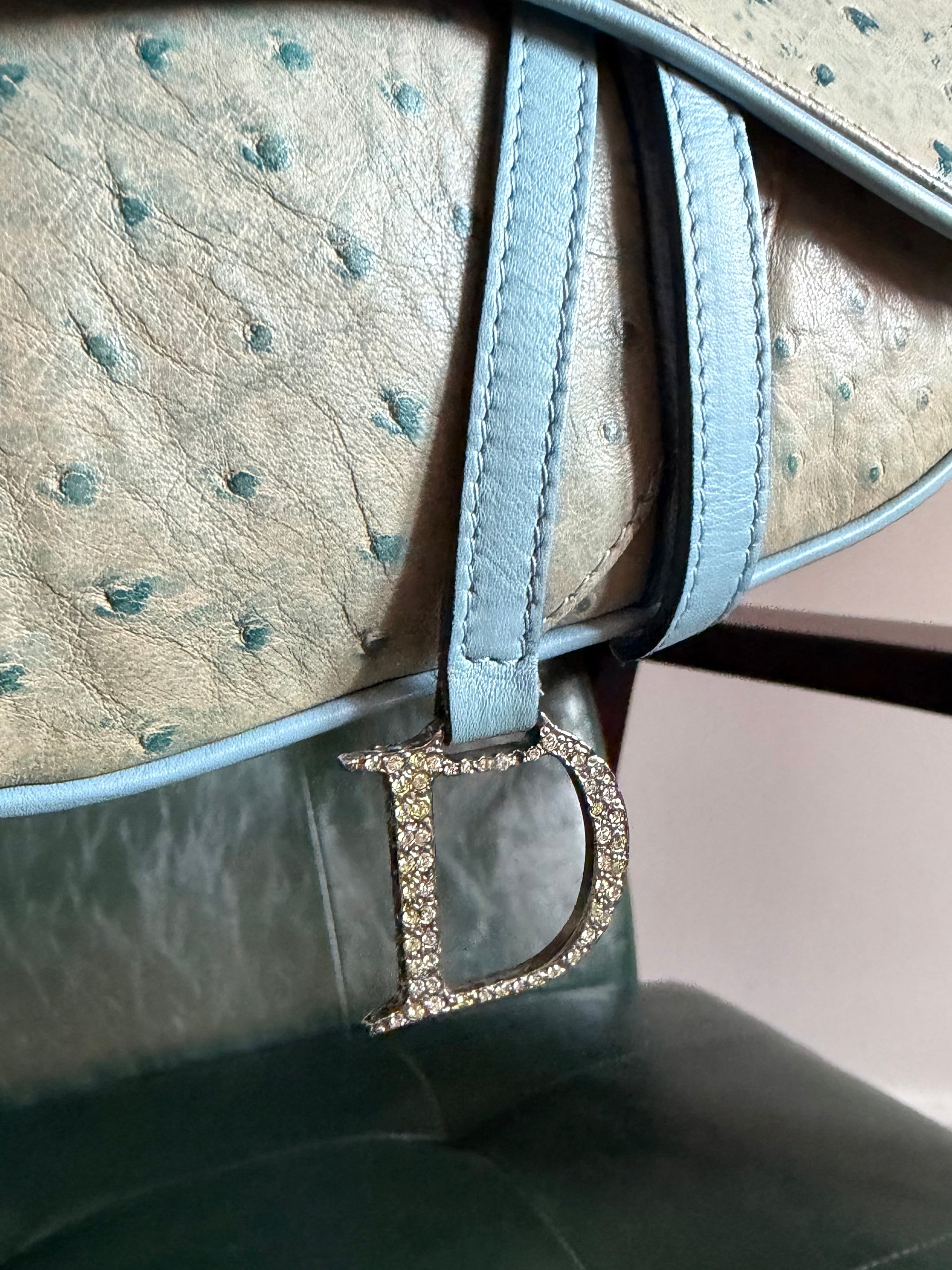 Rare! Vintage Dior blue ostrich embossed leather mini saddle bag with rhinestone strap