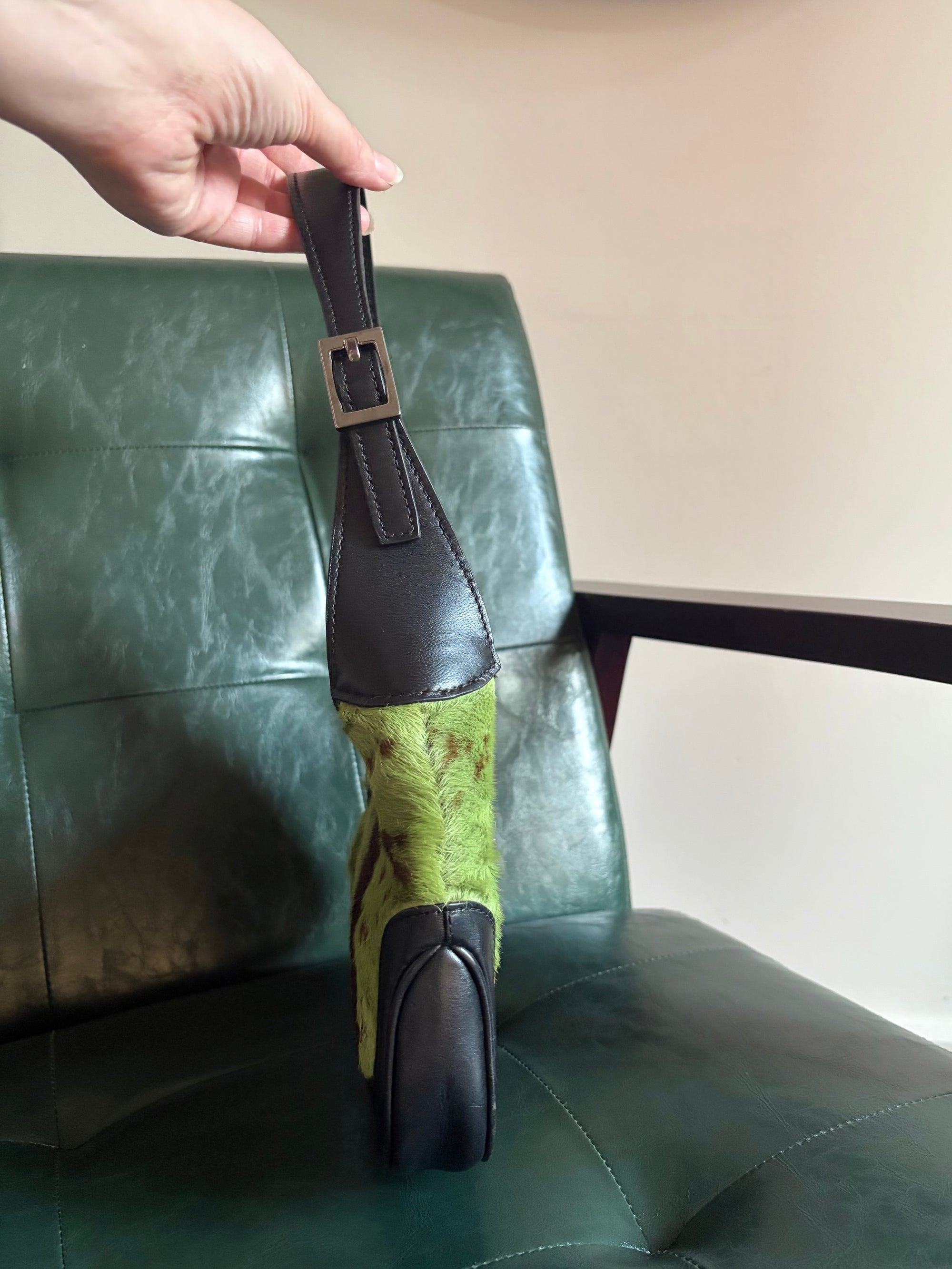 Vintage Gucci Jackie Shoulder Bag in Green and Brown Goat Hair