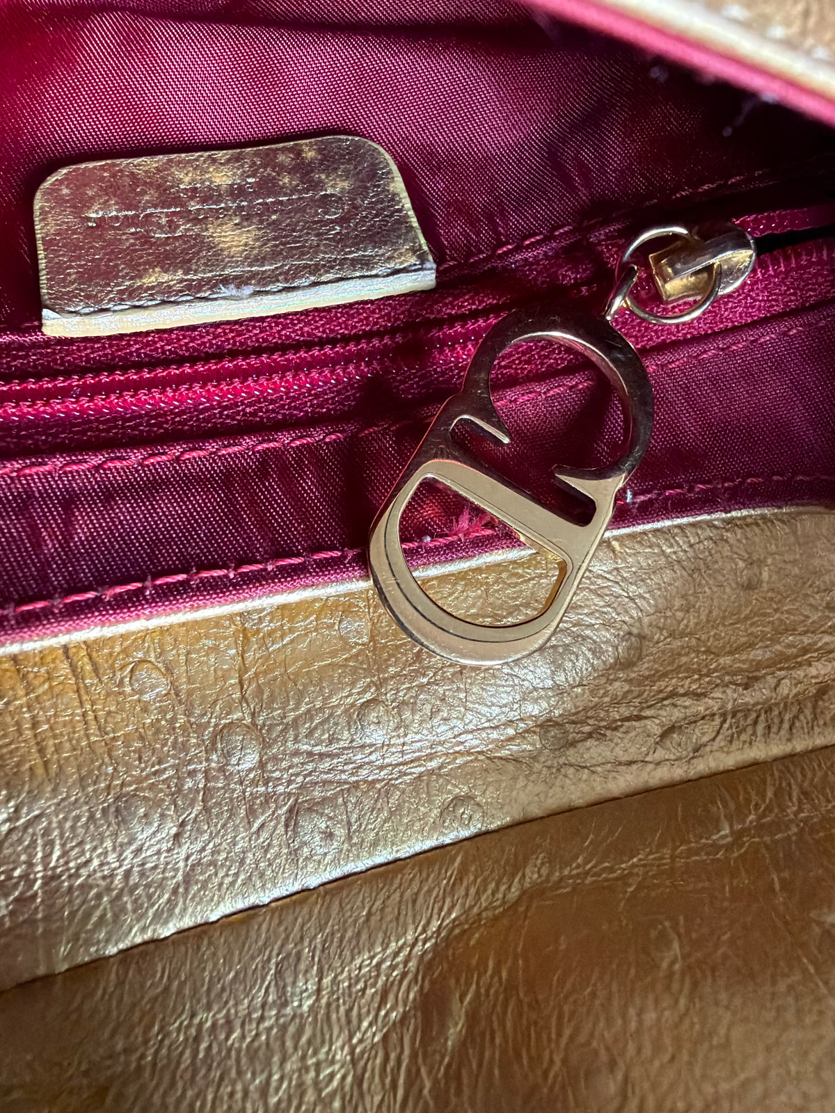 Rare! Vintage Dior gold ostrich embossed leather mini saddle bag