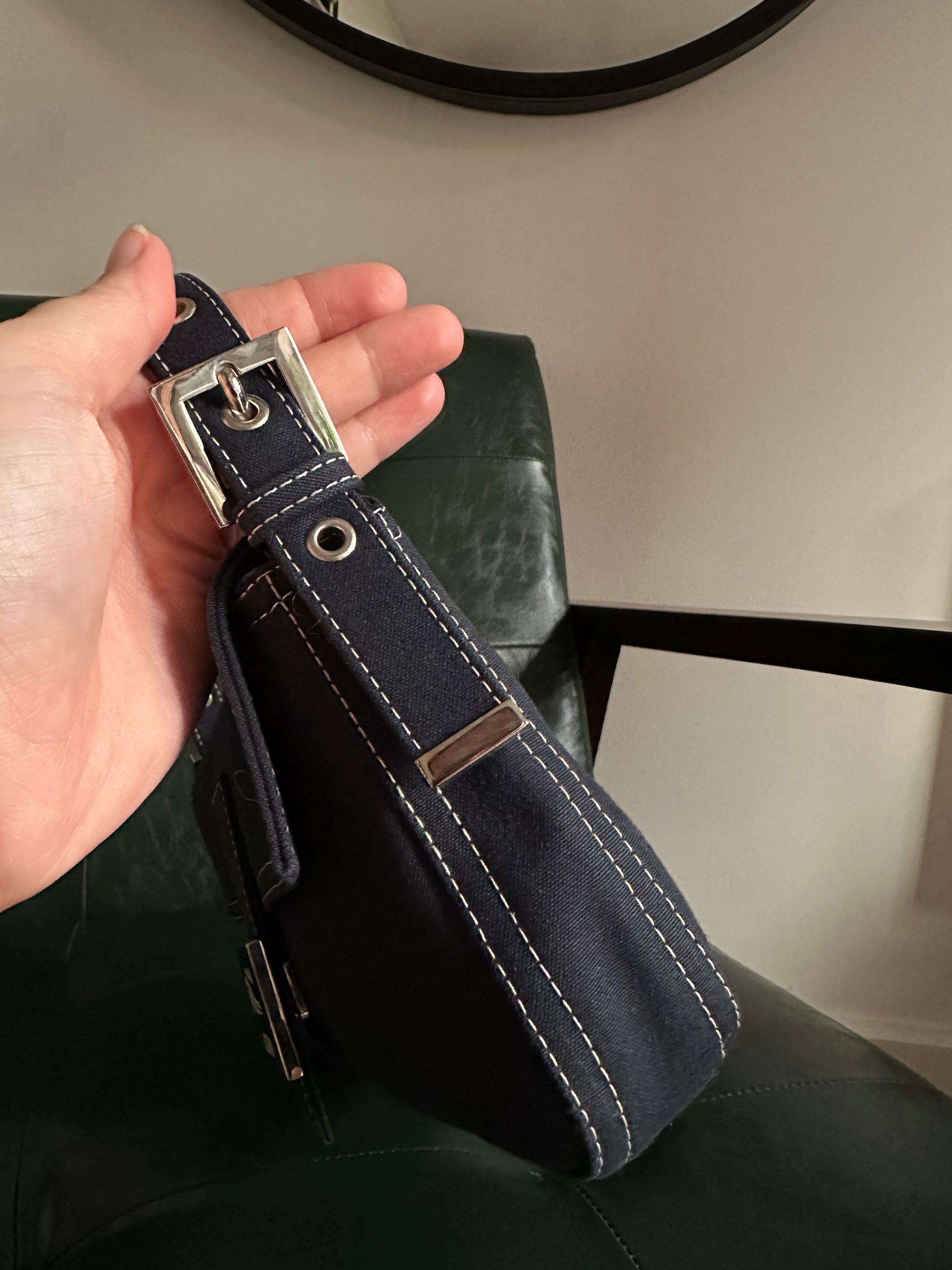 Fendi Blue Denim Baguette - Silver Psychedelic Swirl Clasp