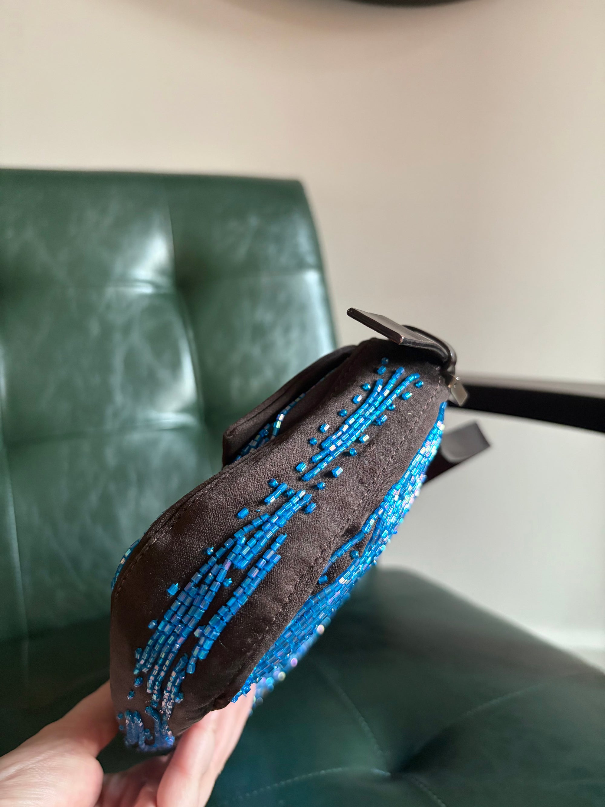 Fendi Dark Brown Satin and Blue Iridescent Beaded Baguette