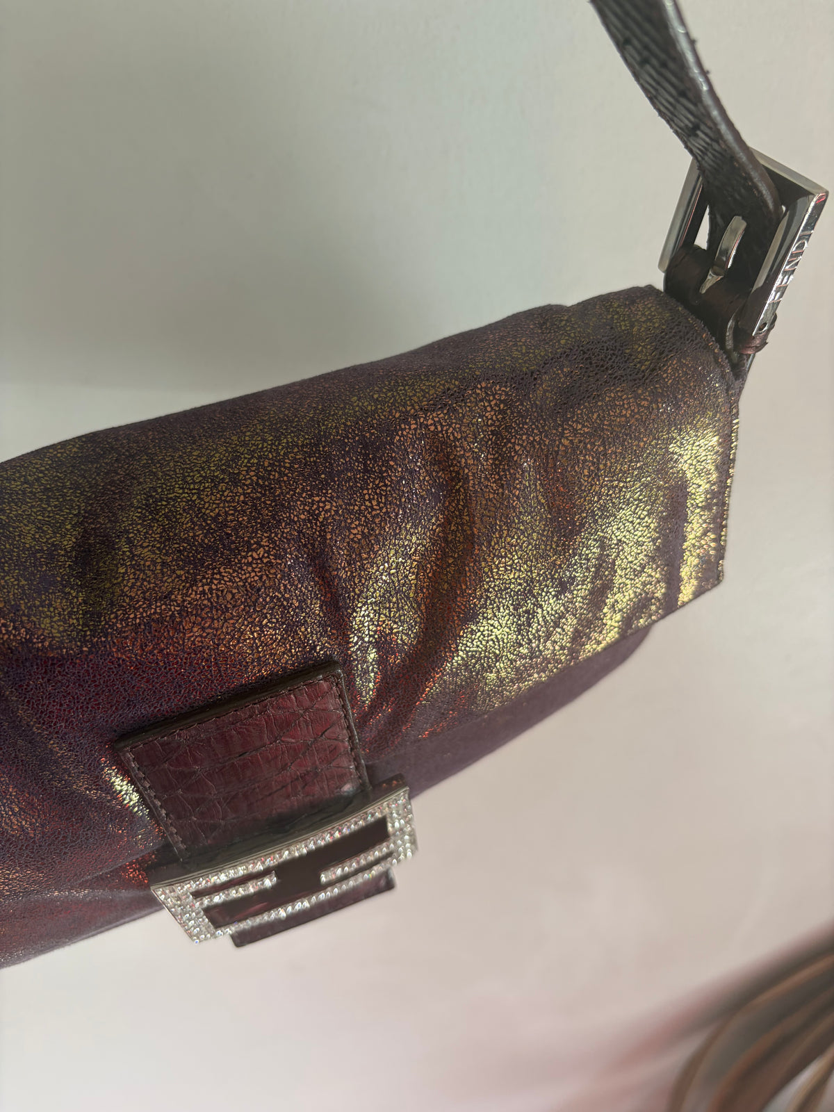 Fendi vintage purple and bronze metallic baguette bag