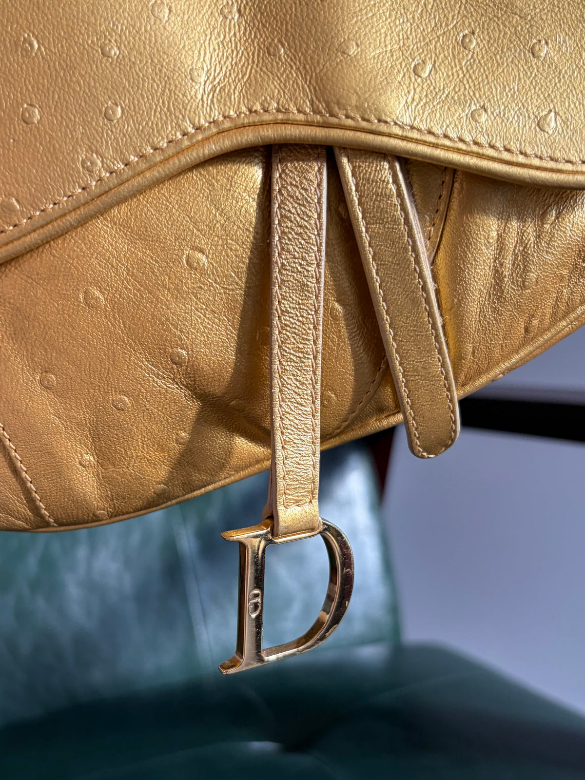 Rare! Vintage Dior gold ostrich embossed leather mini saddle bag