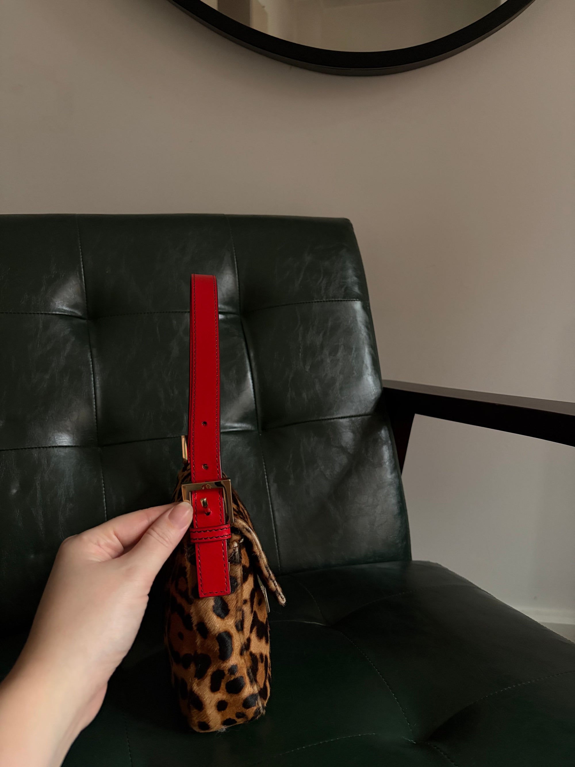 Rare! Vintage Fendi leopard print pony hair baguette bag with red leather trim