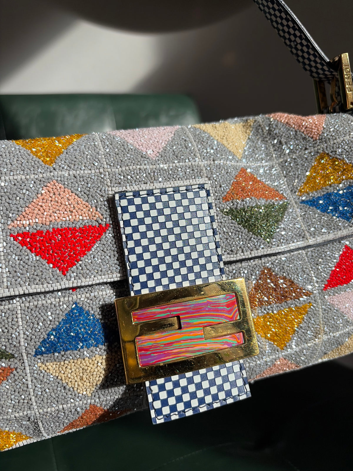 Ultra rare! Limited Edition vintage Fendi grey geometric multicoloured beaded baguette