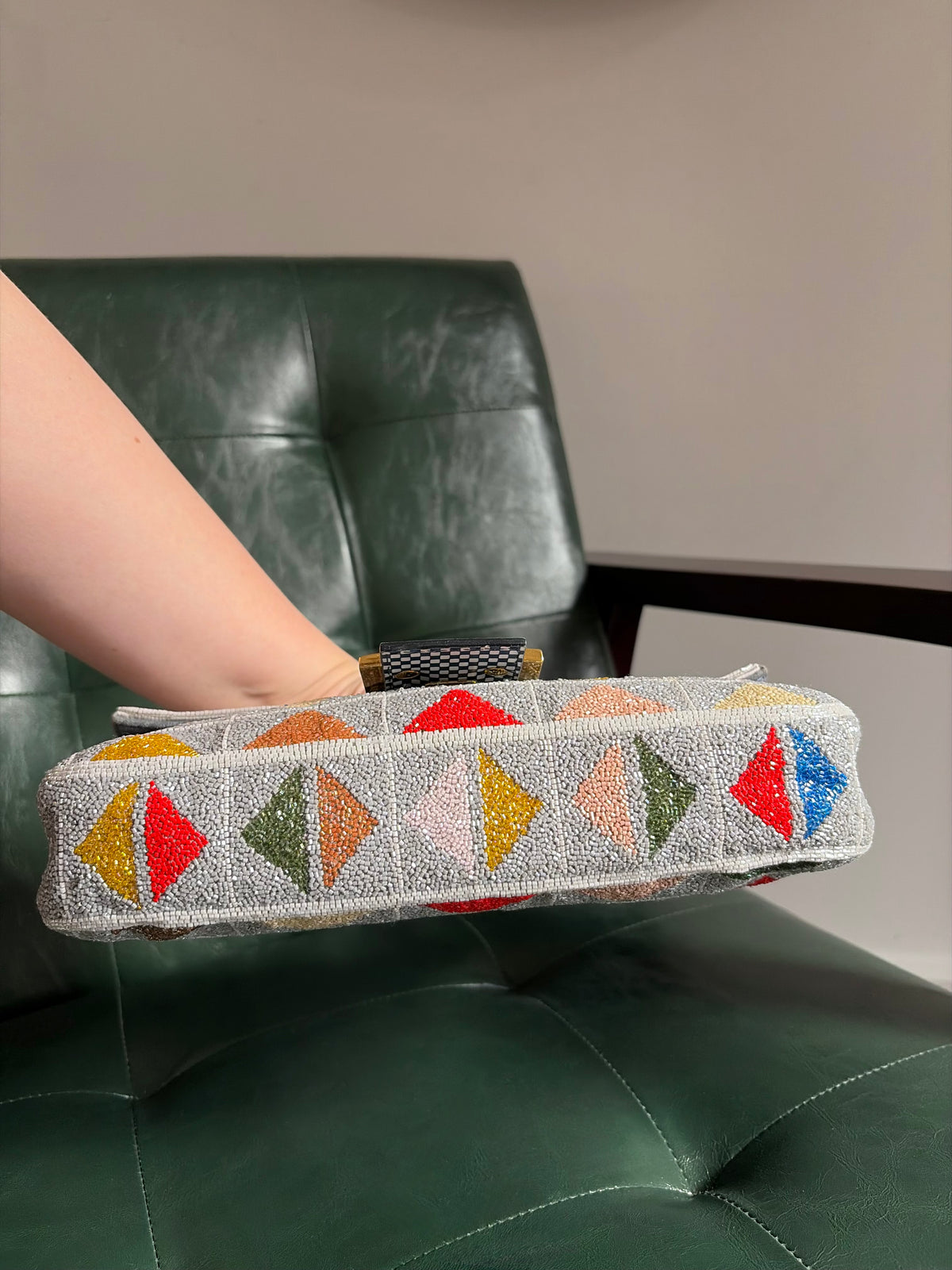 Ultra rare! Limited Edition vintage Fendi grey geometric multicoloured beaded baguette