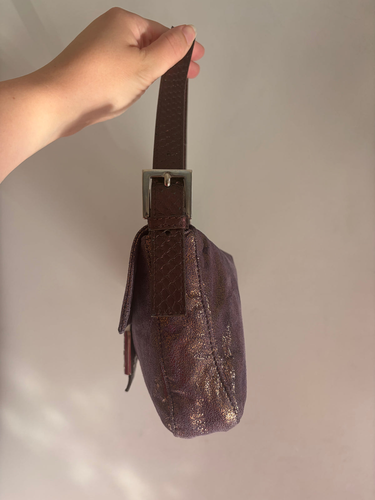 Fendi vintage purple and bronze metallic baguette bag