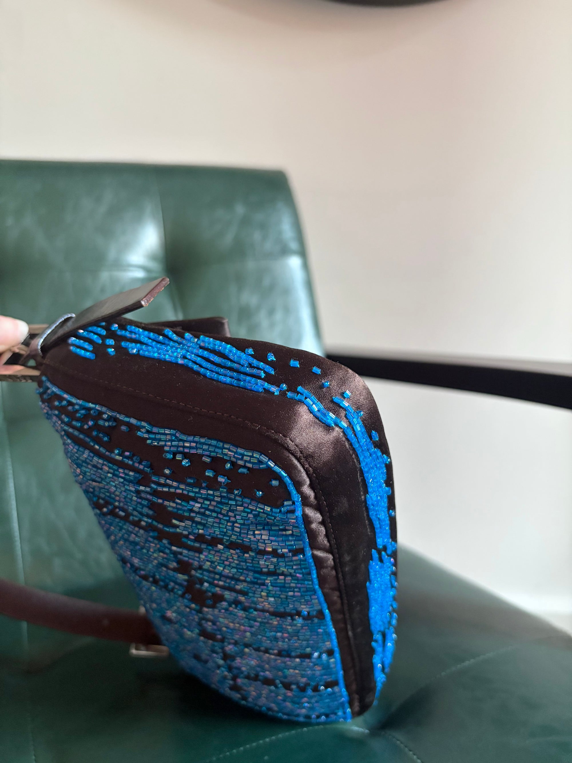Fendi Dark Brown Satin and Blue Iridescent Beaded Baguette