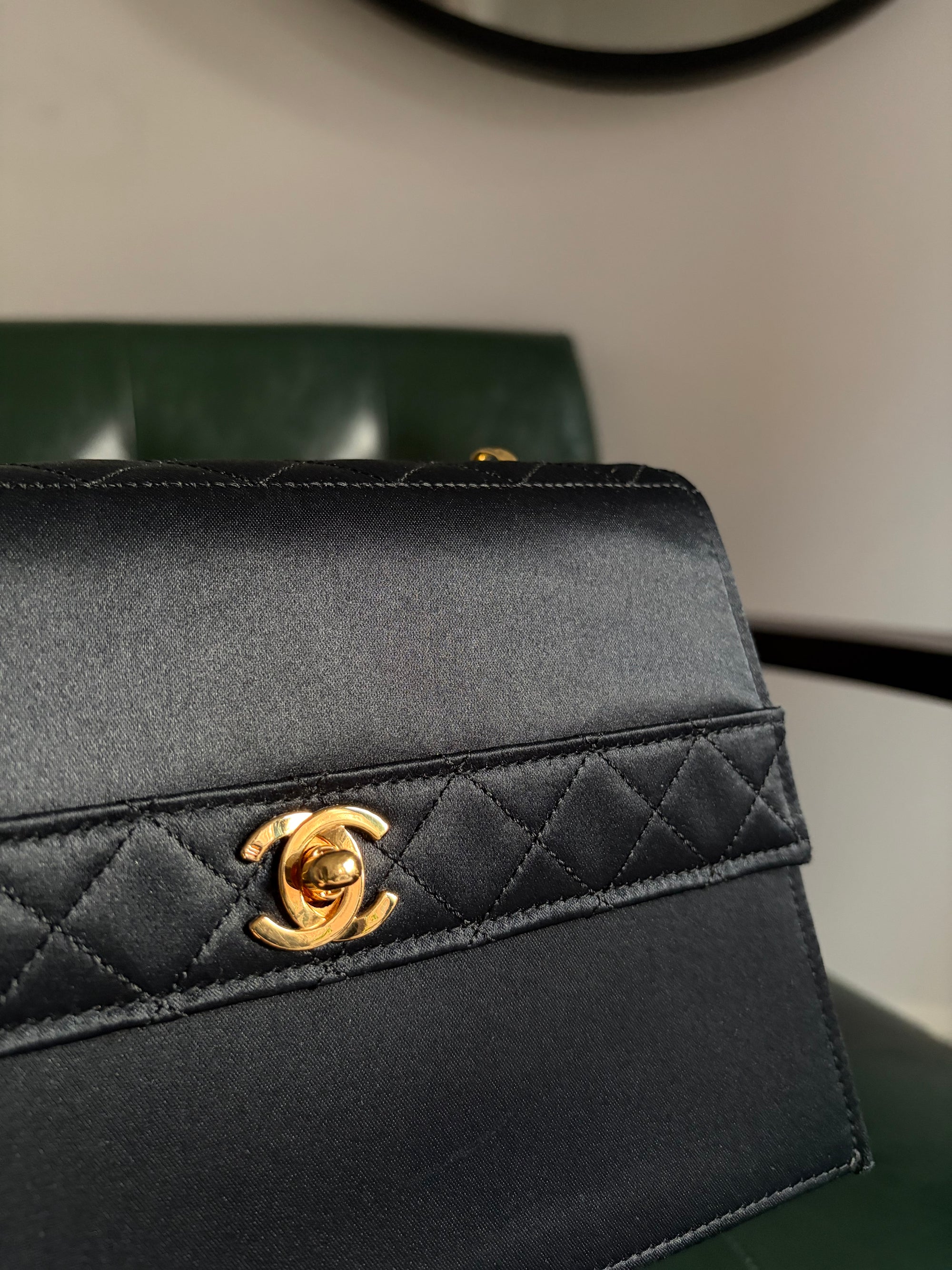 Rare! Chanel trapezoid black satin bag with 24ct gold bijoux chain