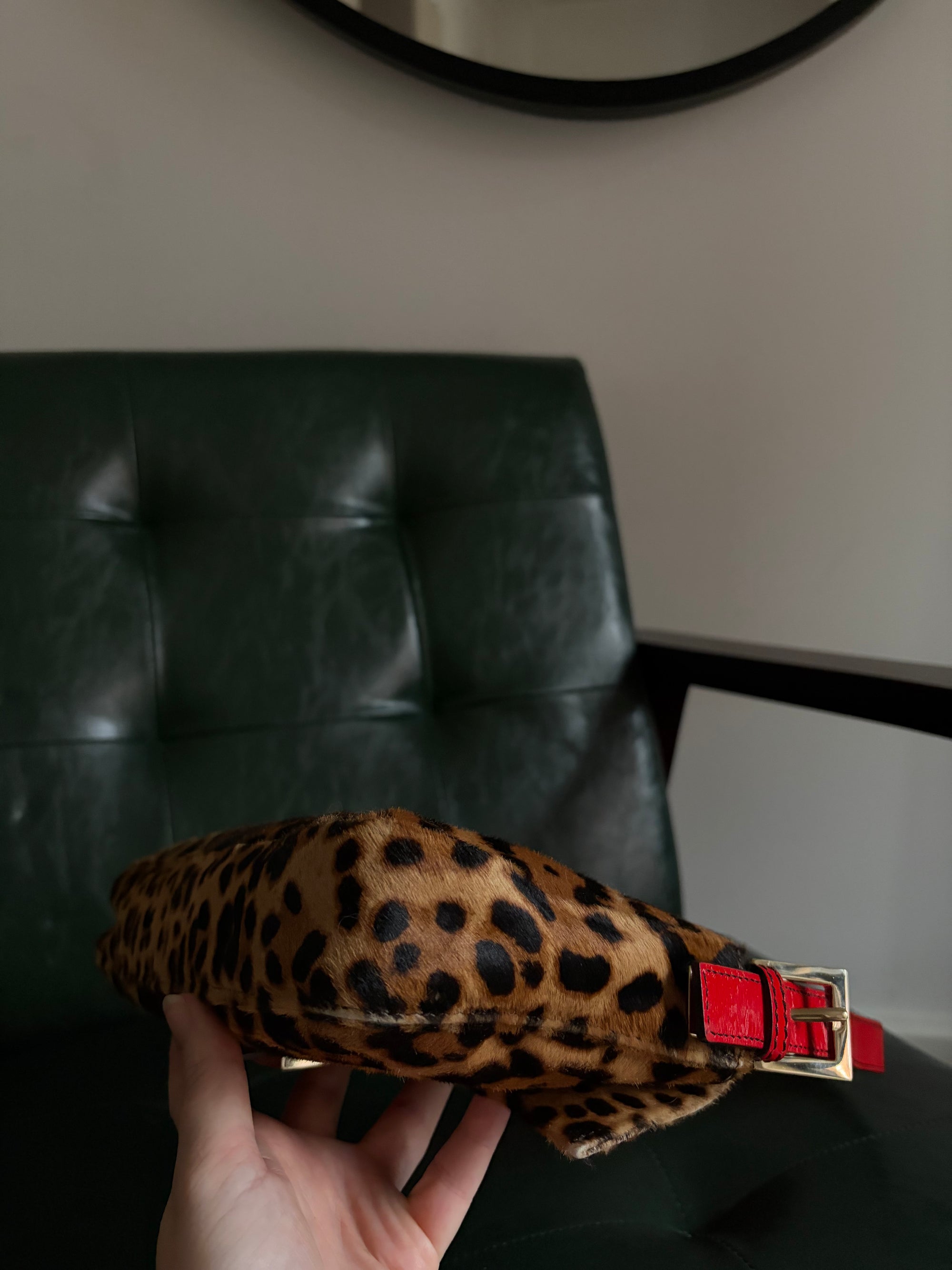 Rare! Vintage Fendi leopard print pony hair baguette bag with red leather trim