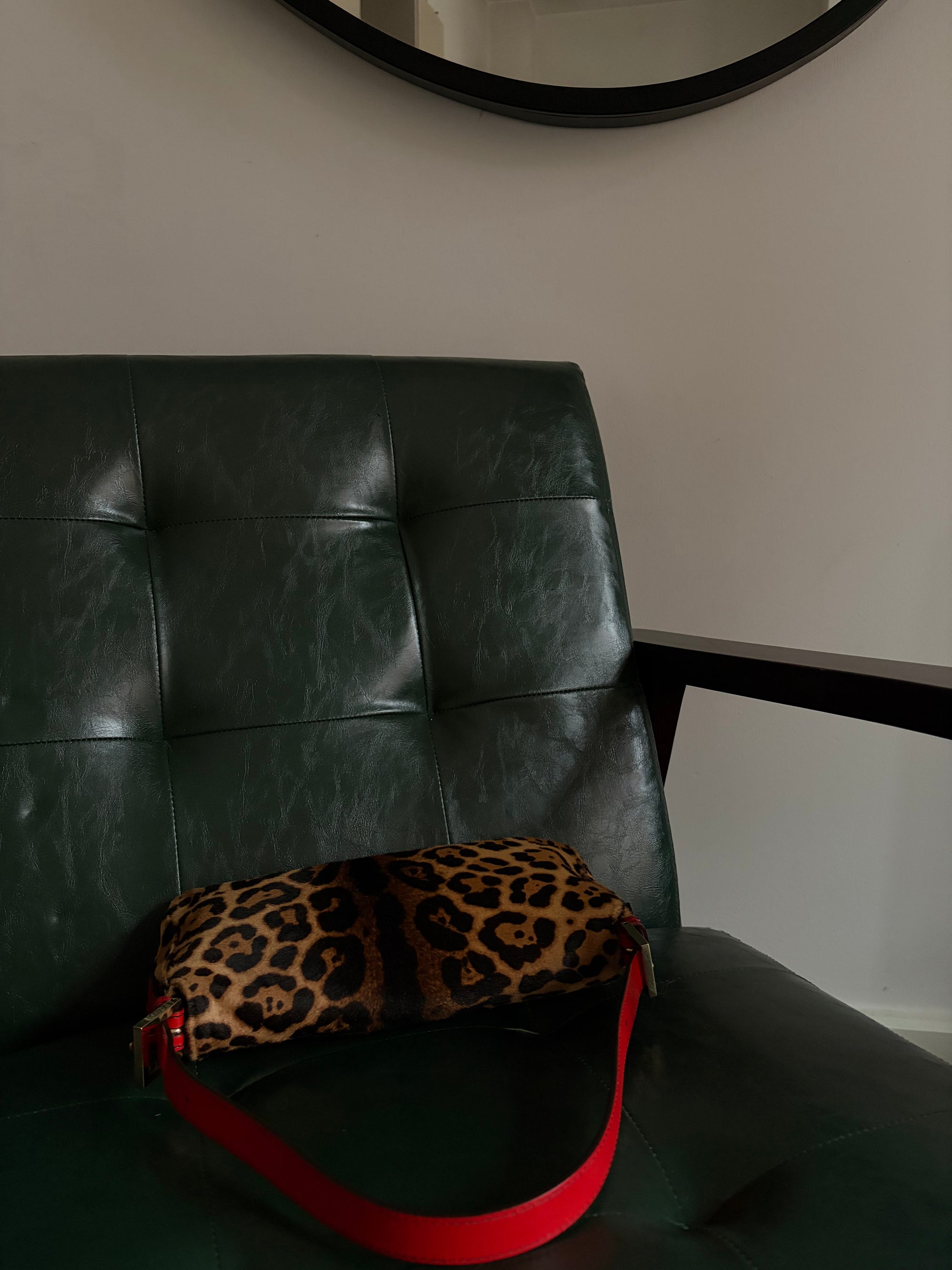 Rare! Vintage Fendi leopard print pony hair baguette bag with red leather trim