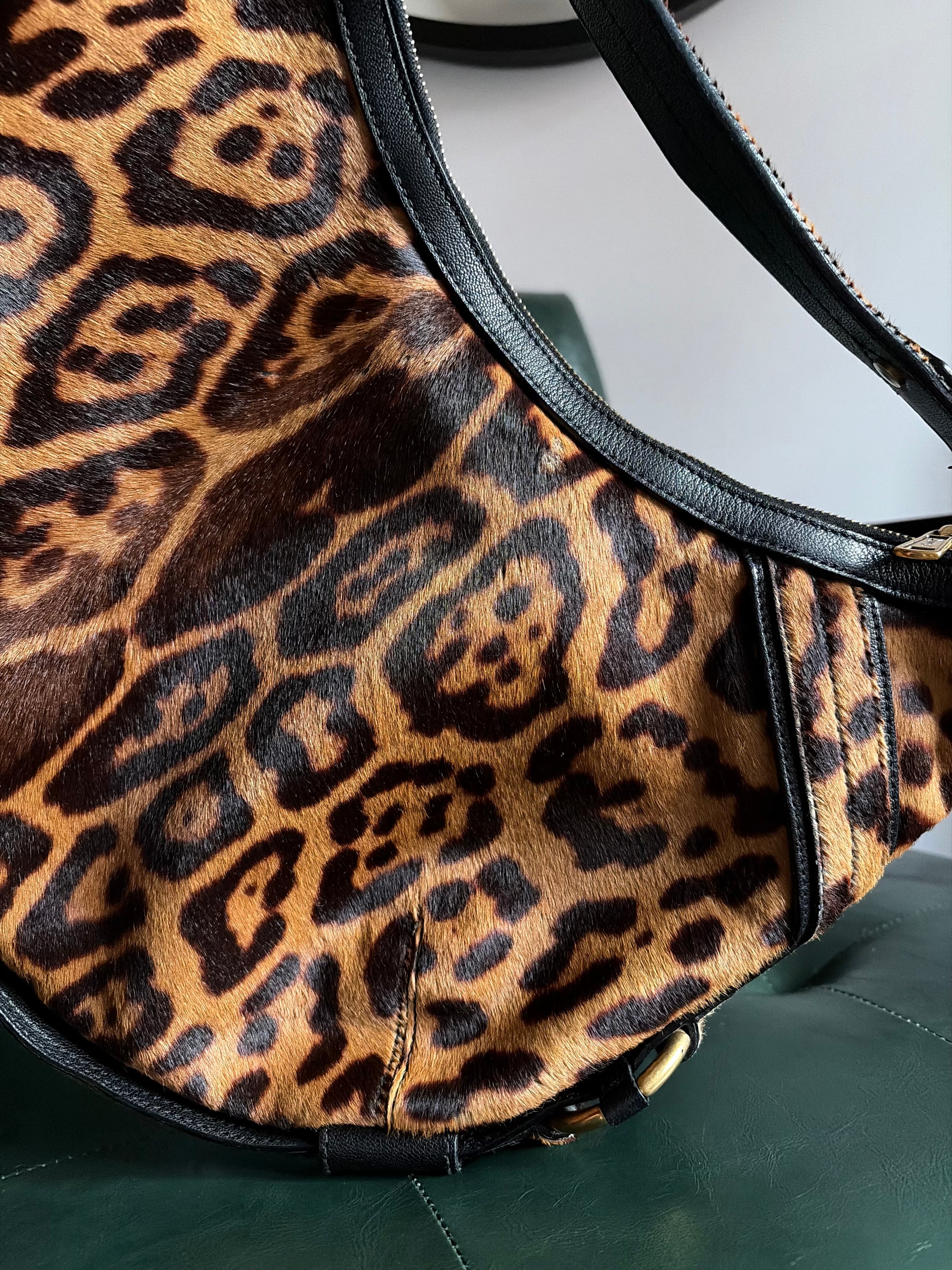 Vintage Yves Saint Laurent Large Leopard Print Pony Hair Hobo Mombasa Bag