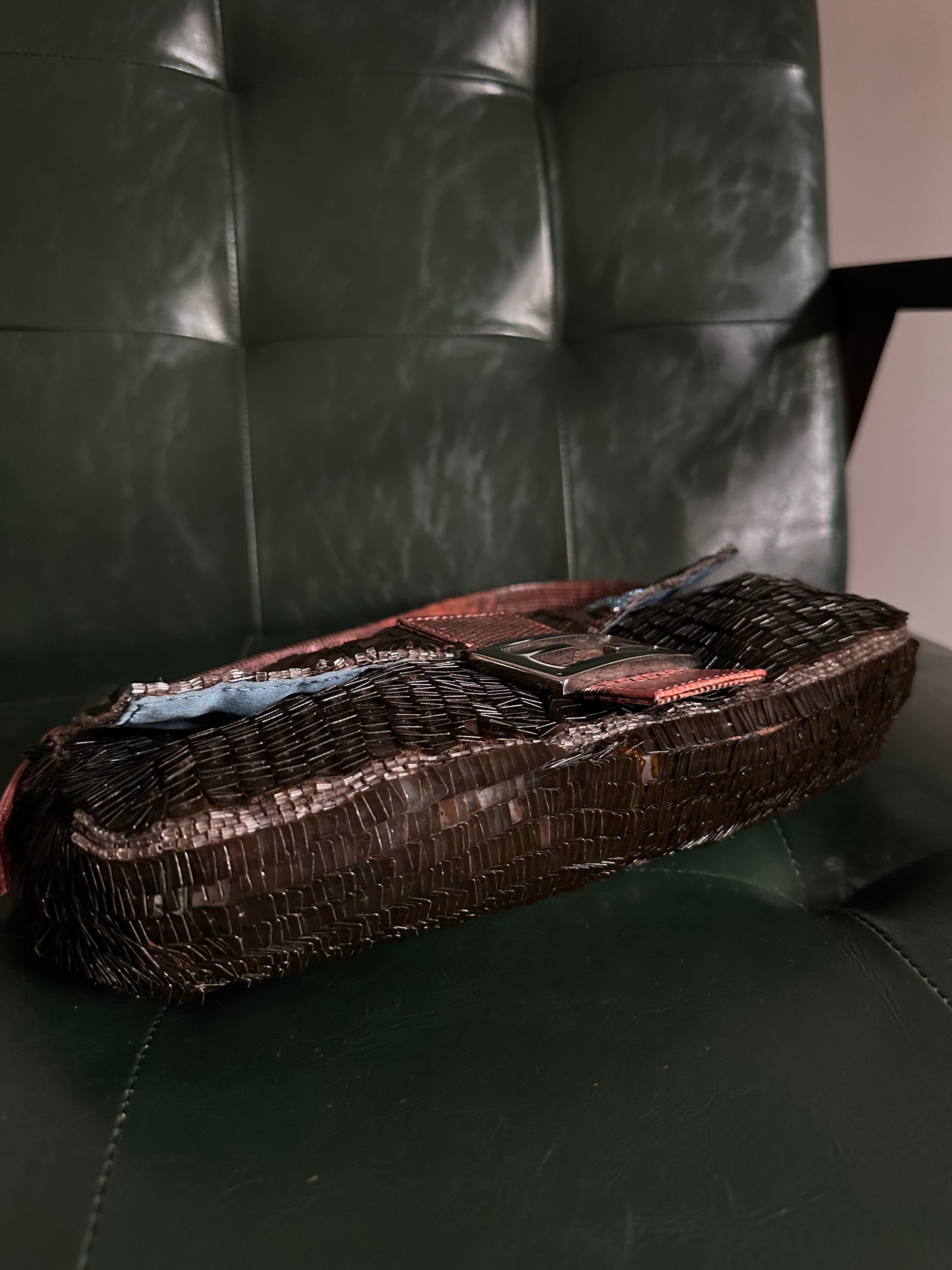 Rare! Fendi Vintage Brown Sequin Baguette With Exotic Lizard Trim