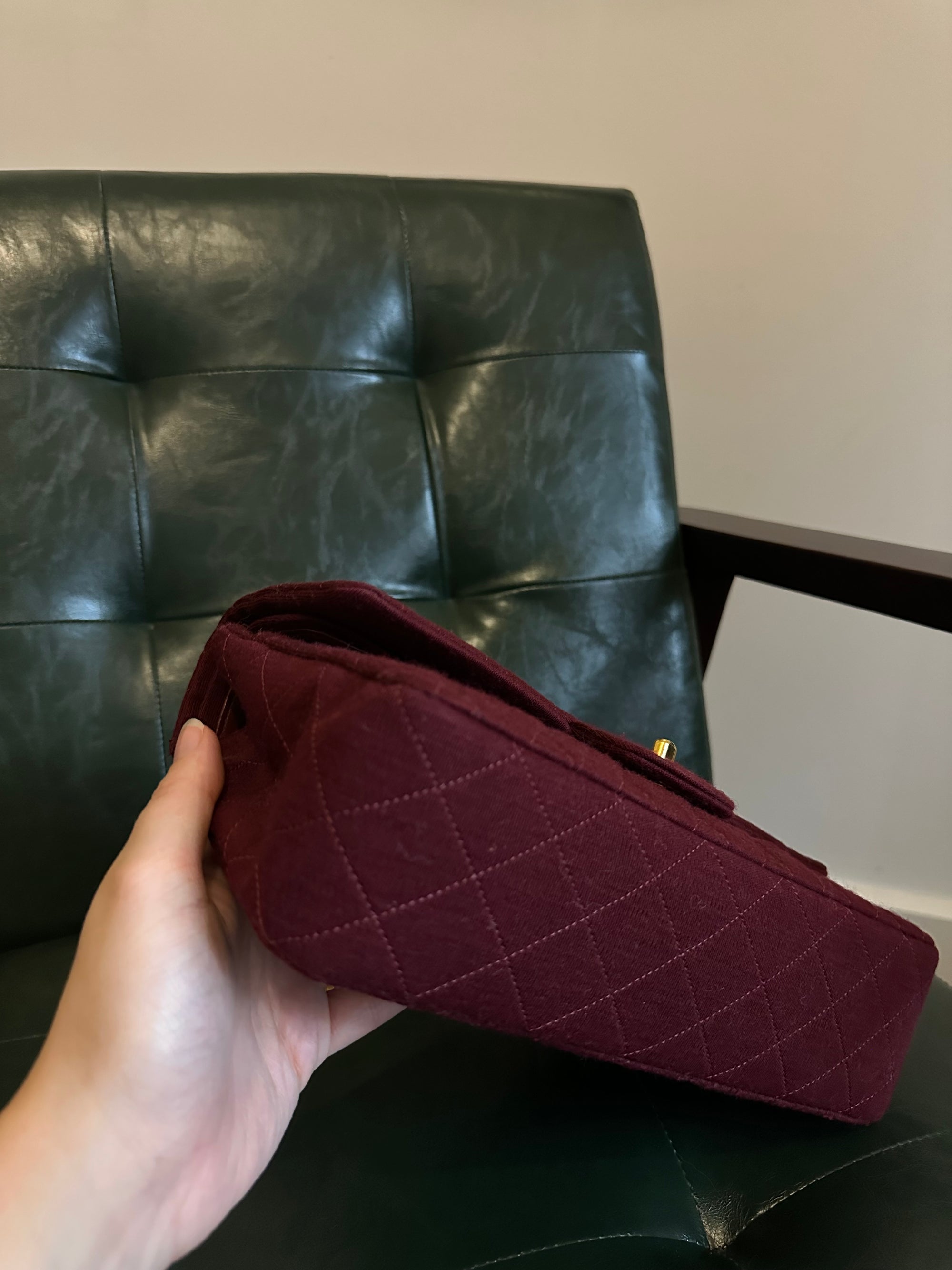 Rare! Chanel medium burgundy jersey double flap bag