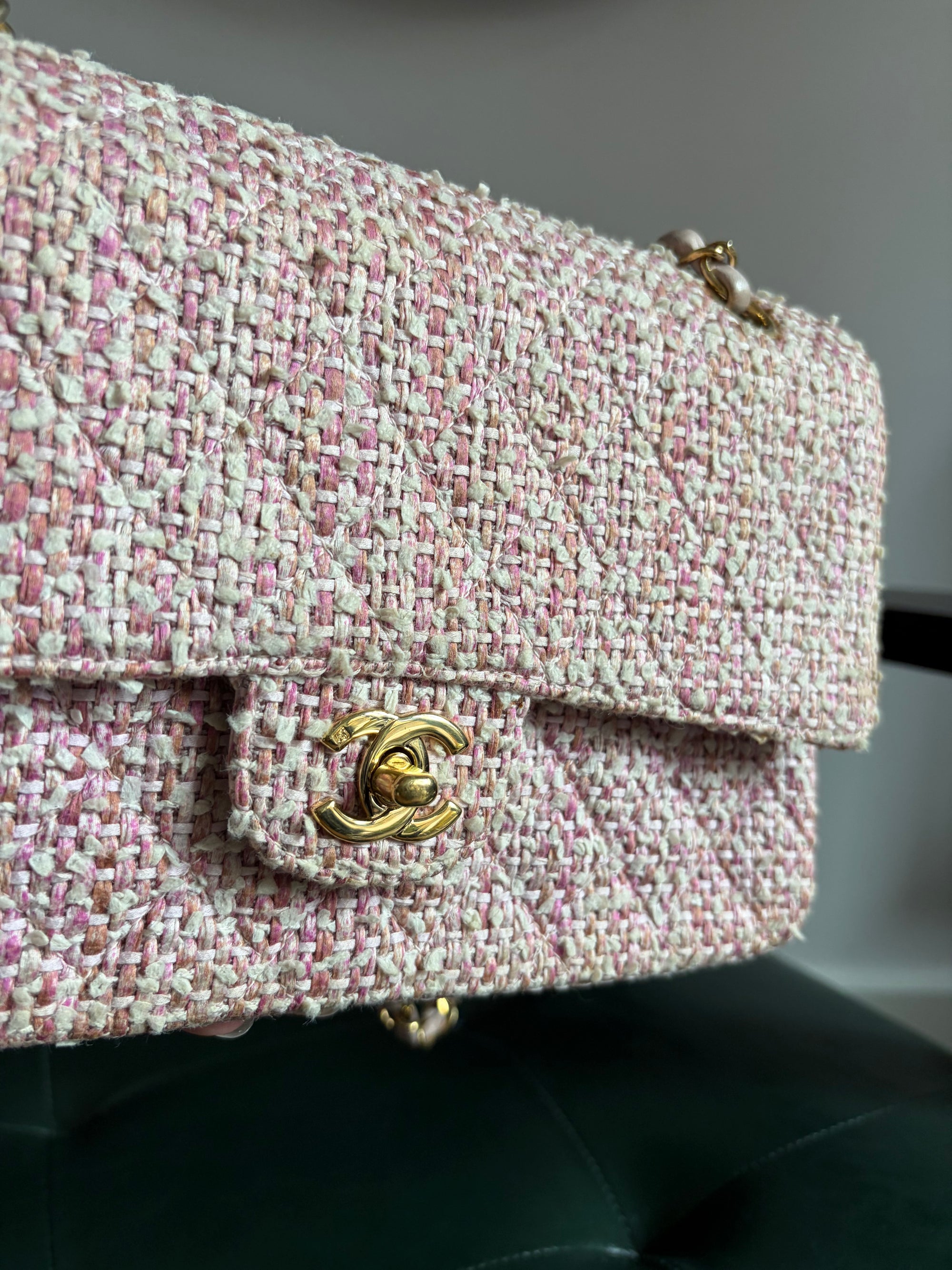 Chanel Vintage Pink and White Tweed Medium Classic Flap with 24ct Gold Hardware