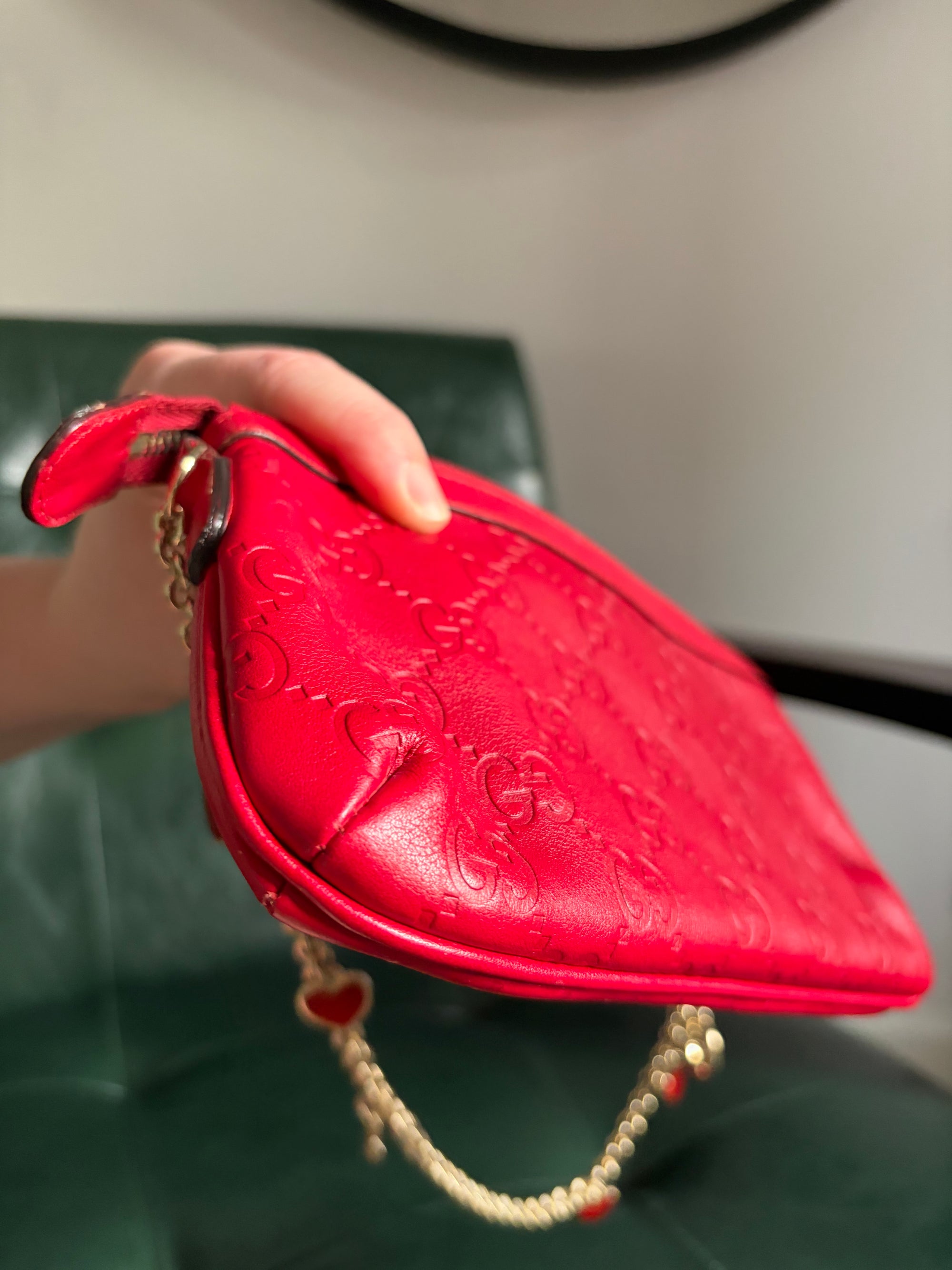 Gucci red vintage Guccisima heart chain pochette bag