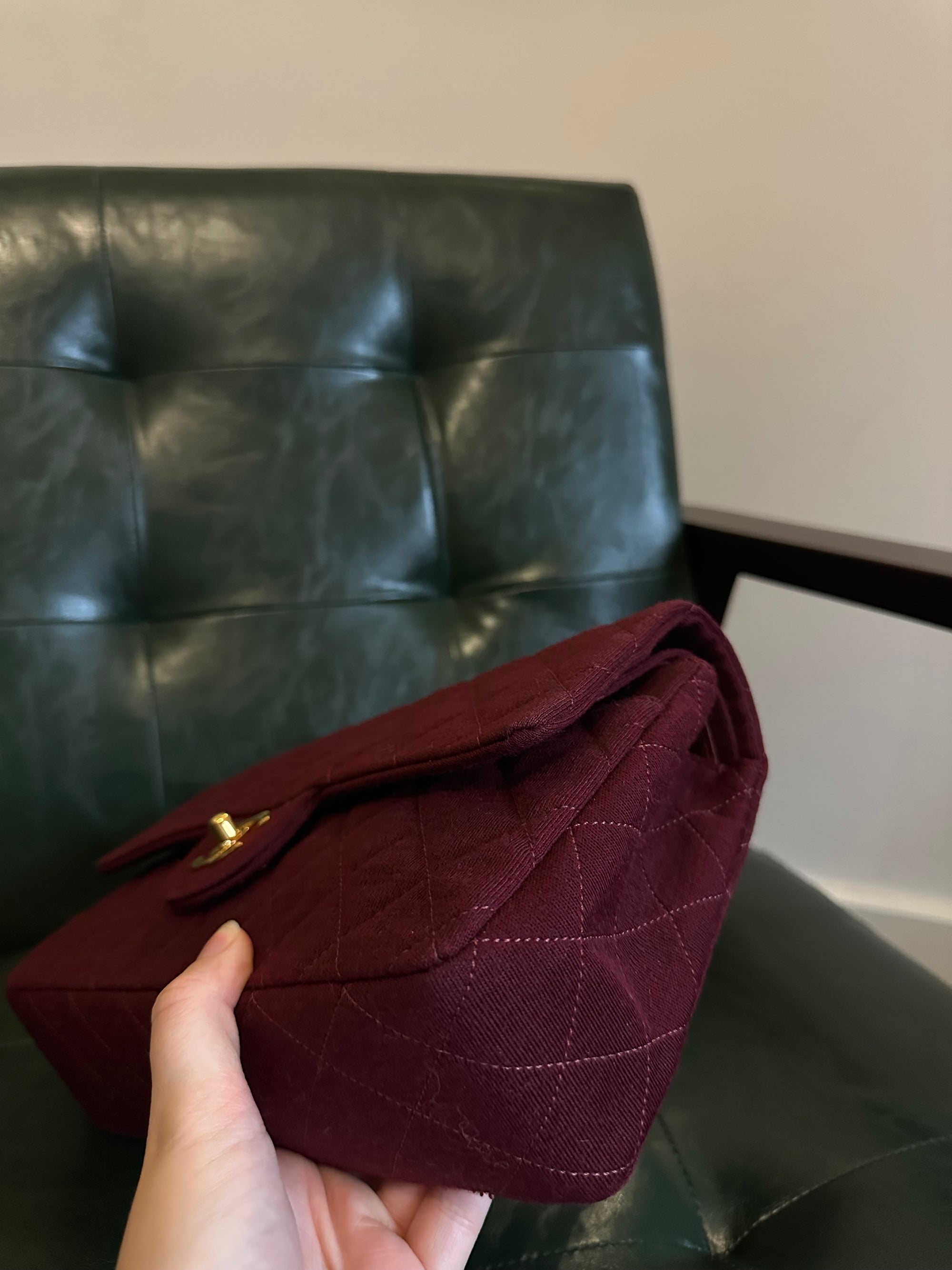 Rare! Chanel medium burgundy jersey double flap bag