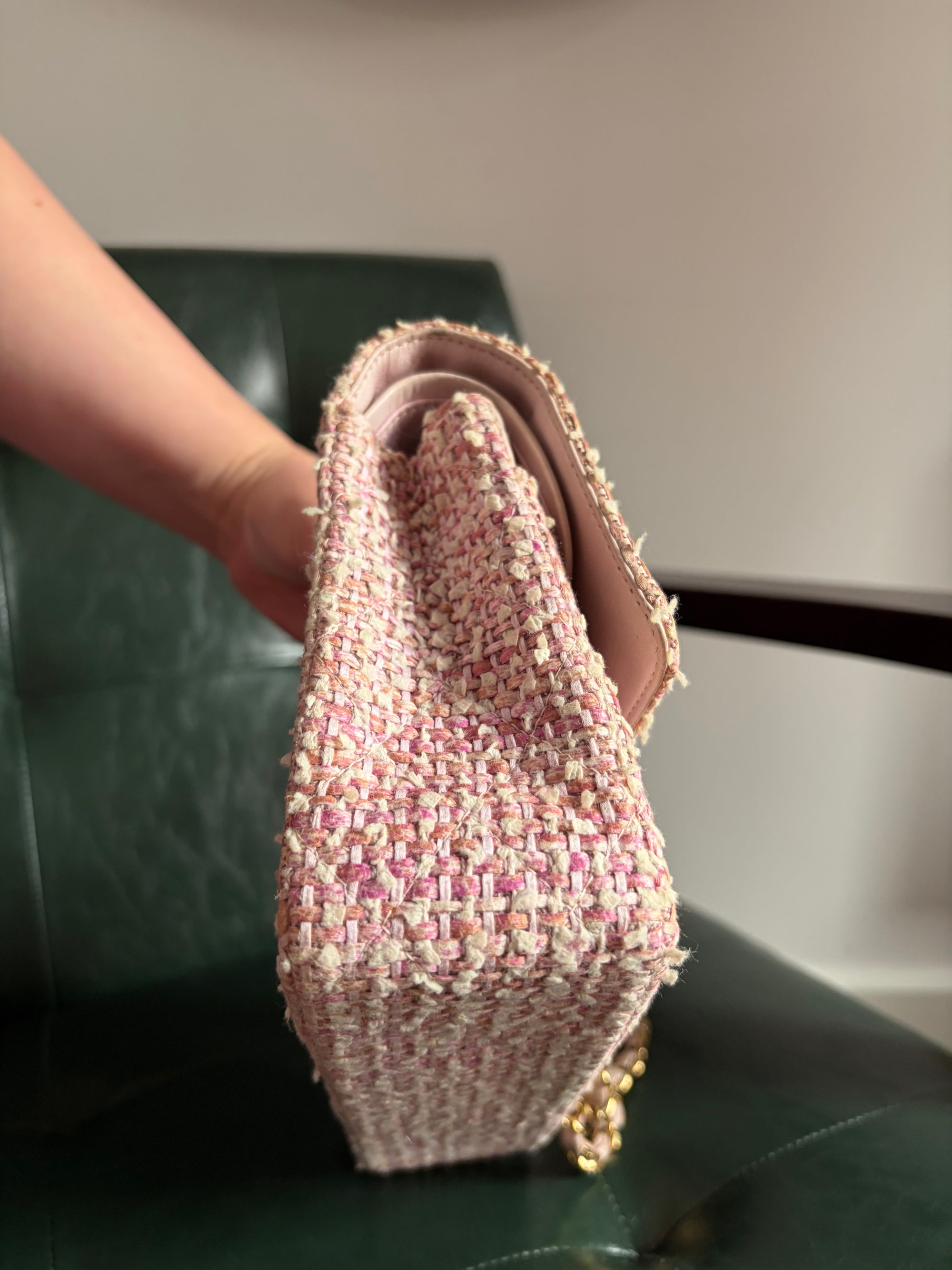 Chanel Vintage Pink and White Tweed Medium Classic Flap with 24ct Gold Hardware