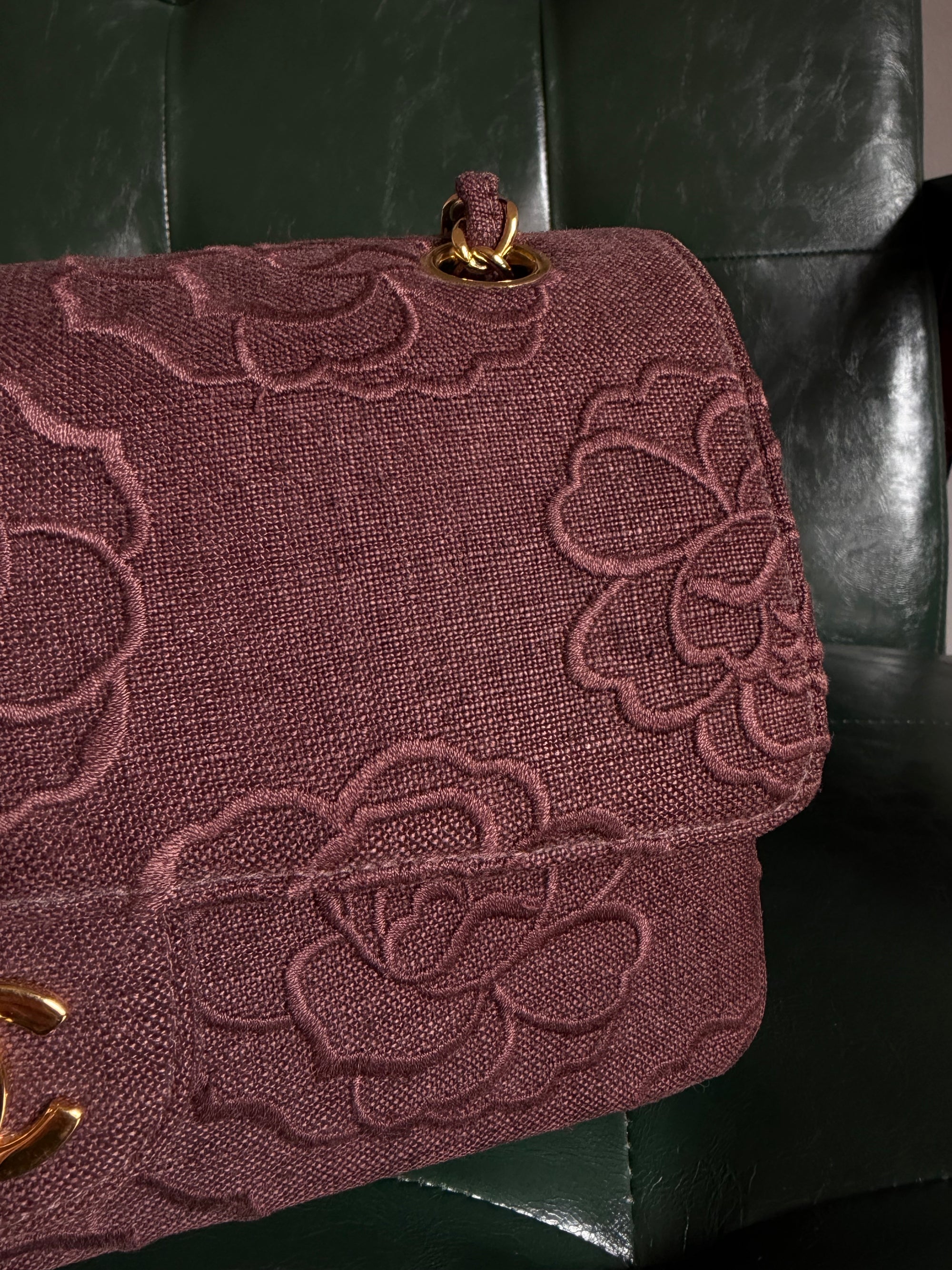Ultra rare! Vintage Chanel Burgundy Linen Camellia Small Double Flap Bag