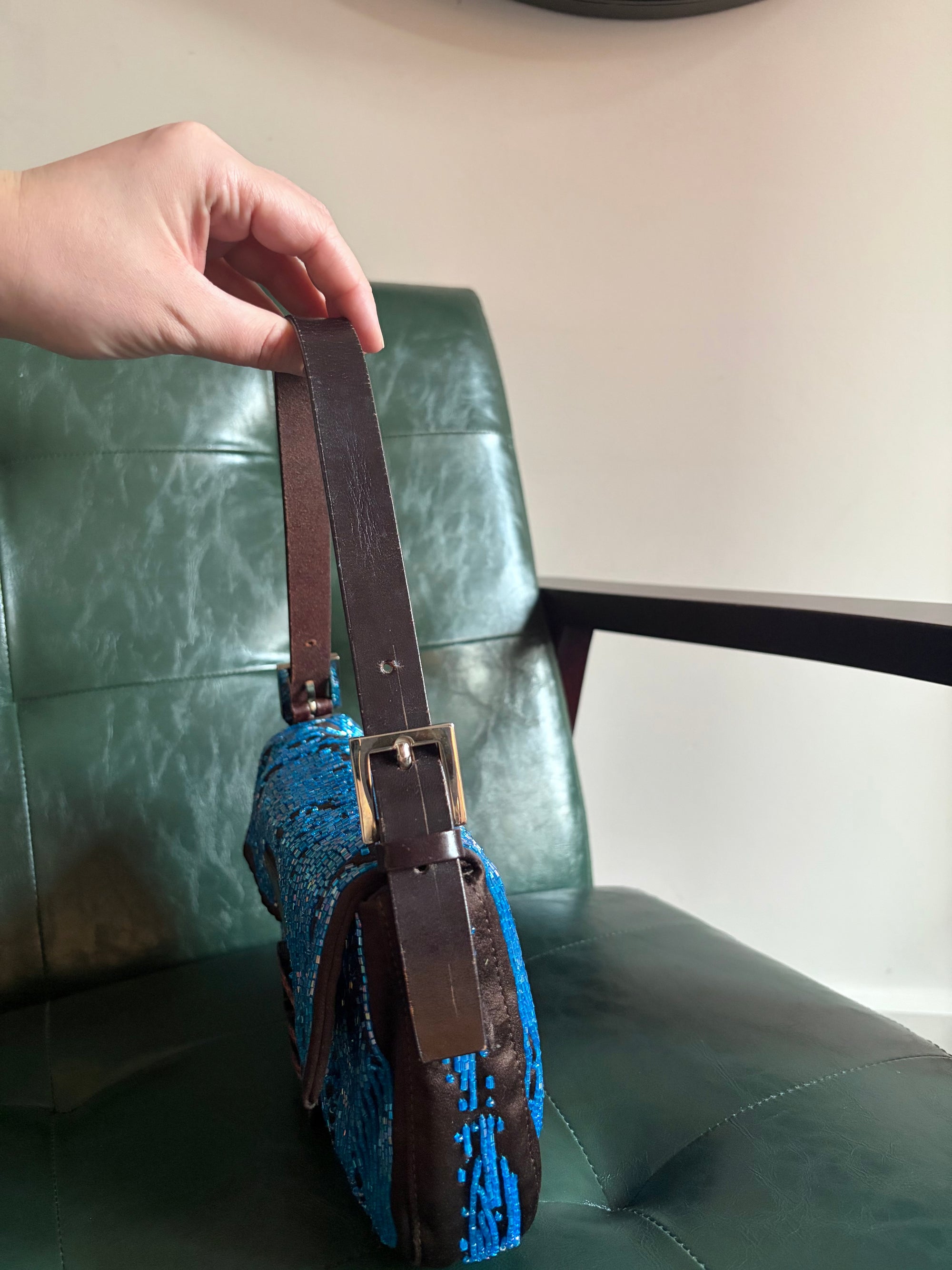 Fendi Dark Brown Satin and Blue Iridescent Beaded Baguette