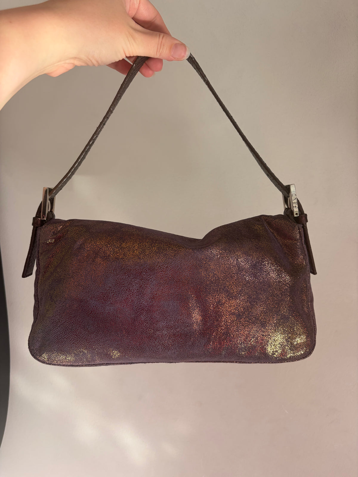 Fendi vintage purple and bronze metallic baguette bag