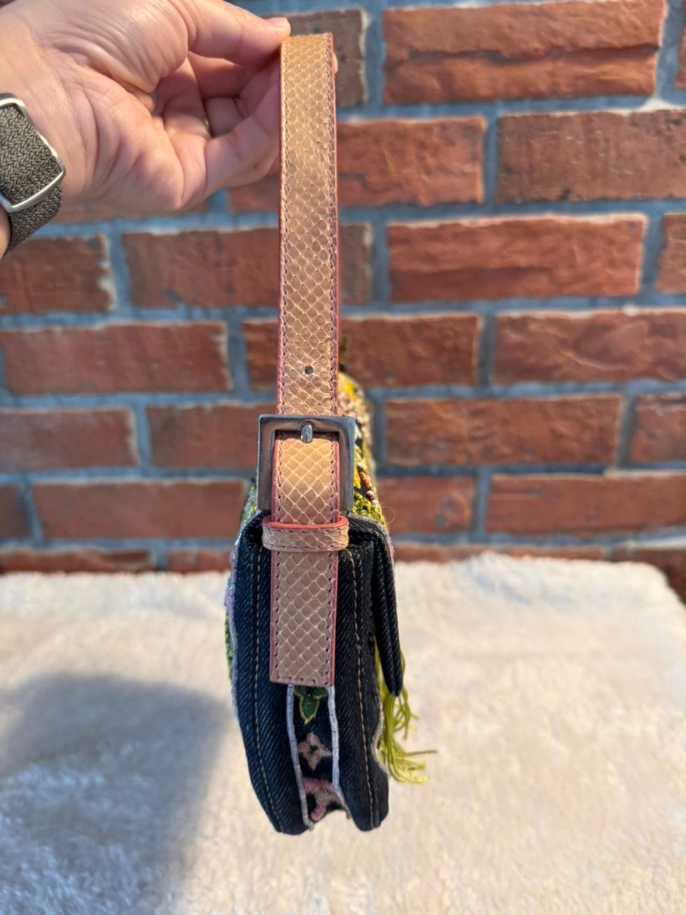 Pre-order - Fendi denim embroidered and beaded fringe baguette with exotic trim