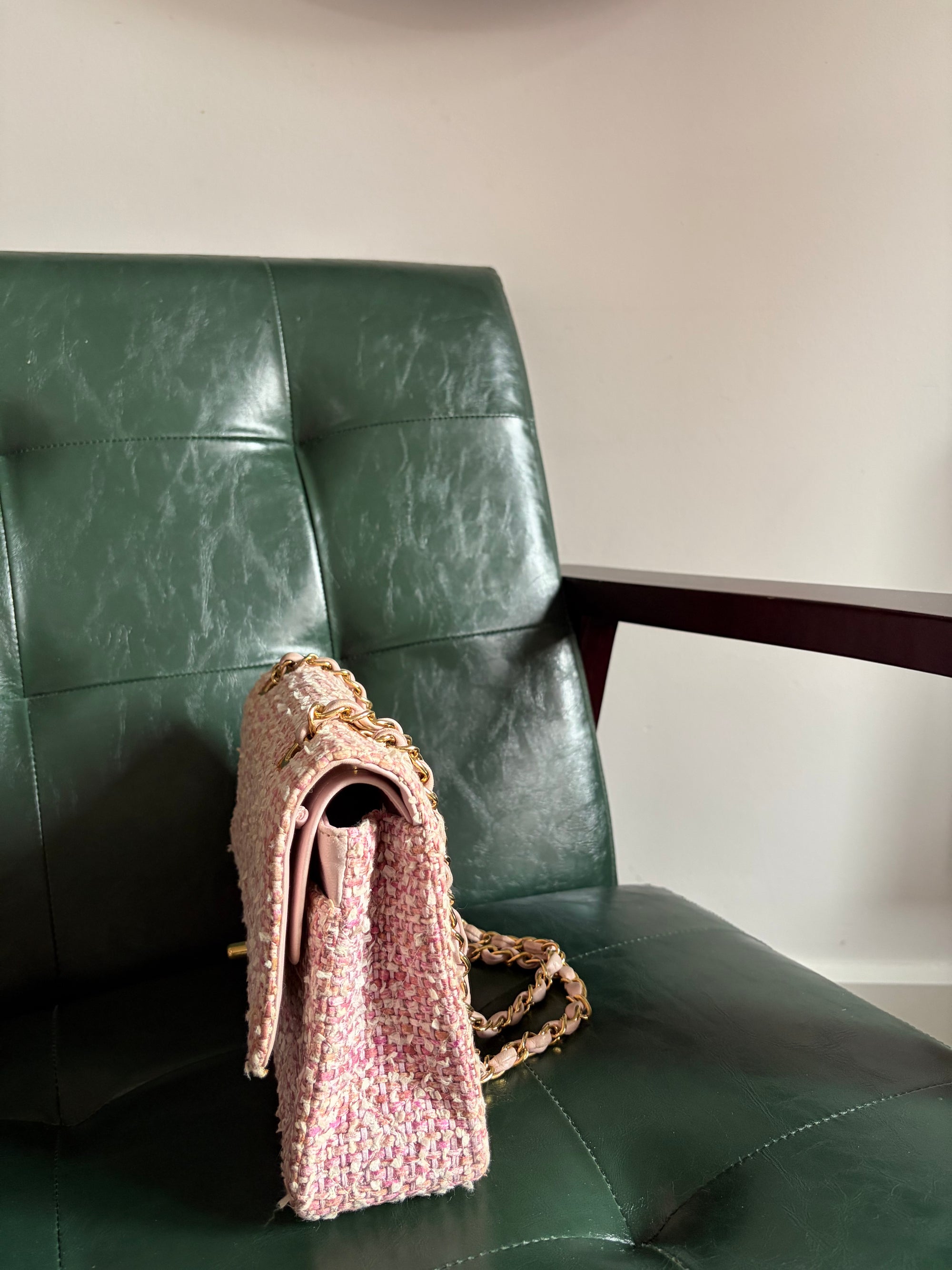 Chanel Vintage Pink and White Tweed Medium Classic Flap with 24ct Gold Hardware