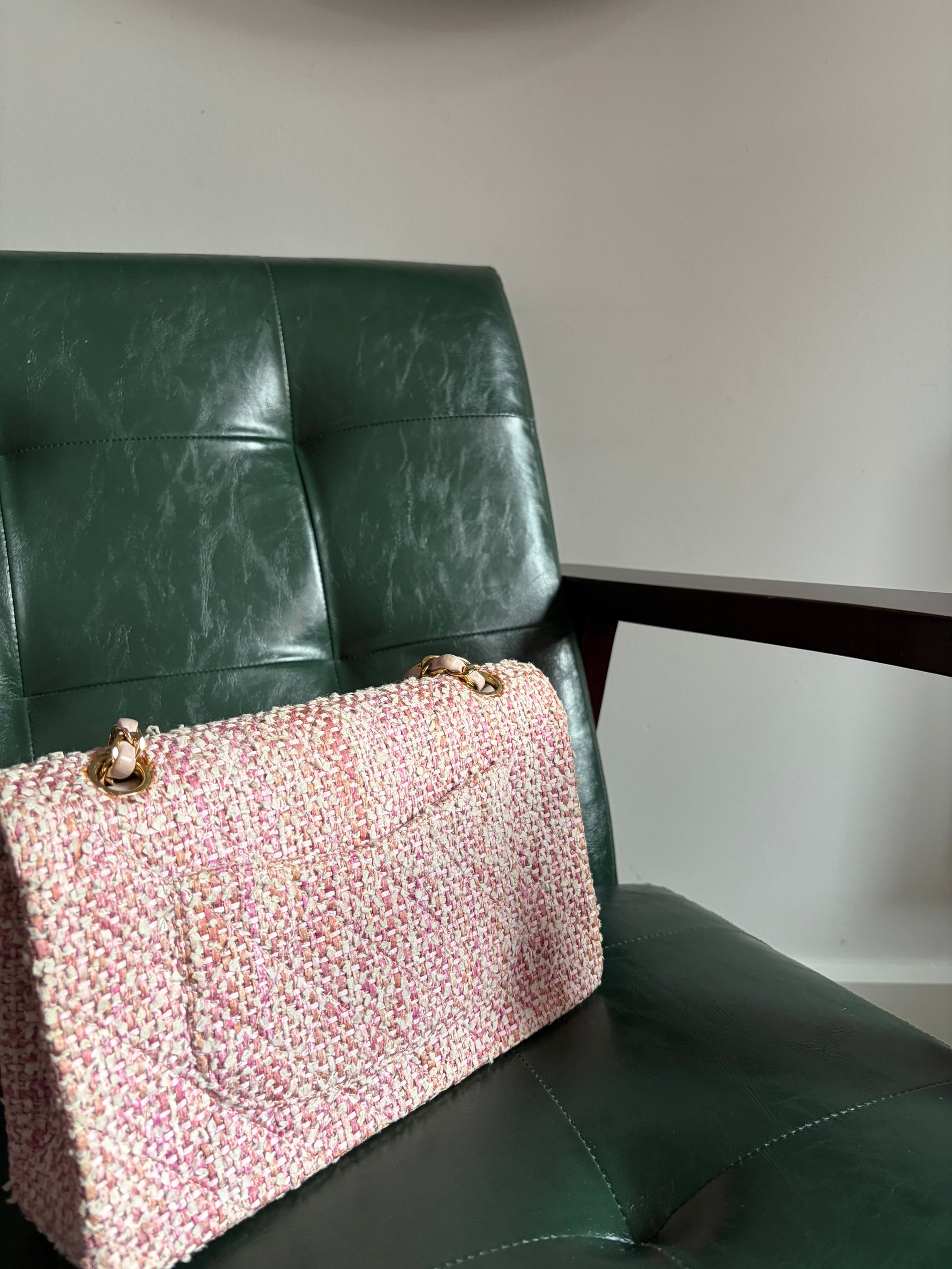 Chanel Vintage Pink and White Tweed Medium Classic Flap with 24ct Gold Hardware