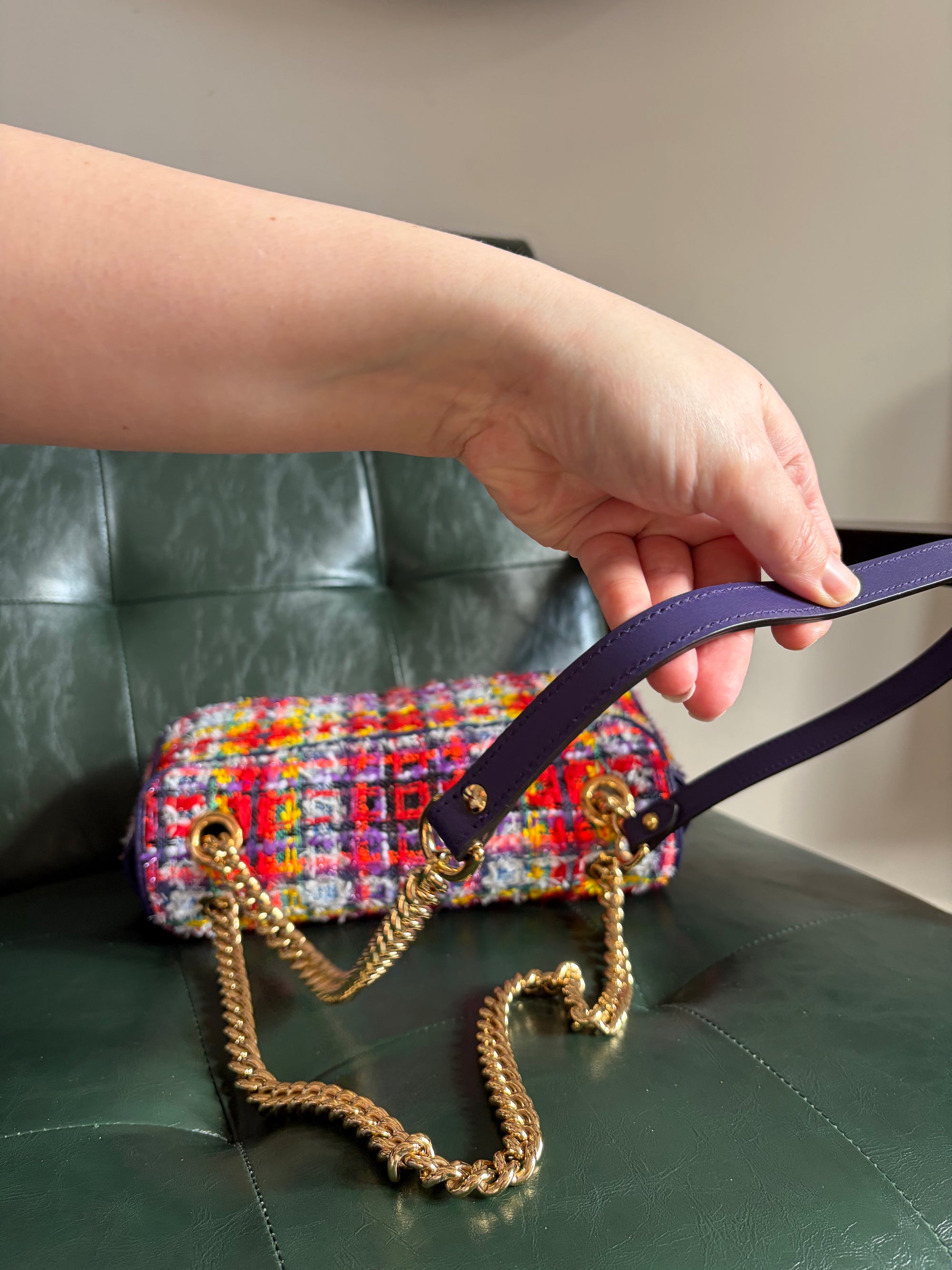Gucci Marmont Small Multicoloured Tweed Mixed Metal Bag