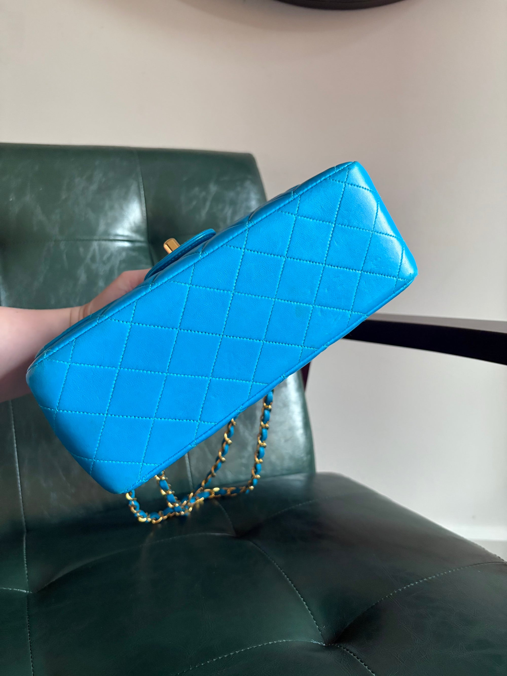 Rare! Vintage Chanel cerulean blue lambskin double sided flap bag with 24ct gold plated hardware
