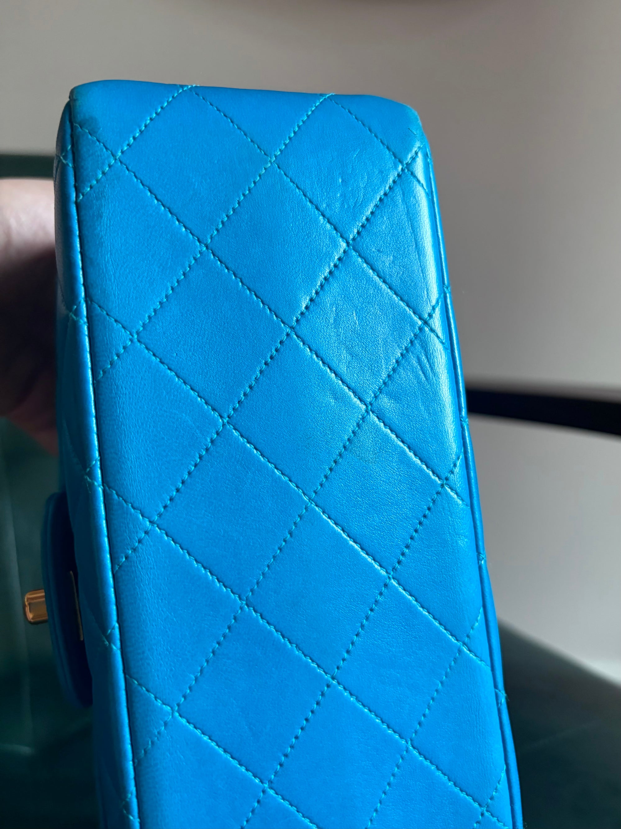 Rare! Vintage Chanel cerulean blue lambskin double sided flap bag with 24ct gold plated hardware