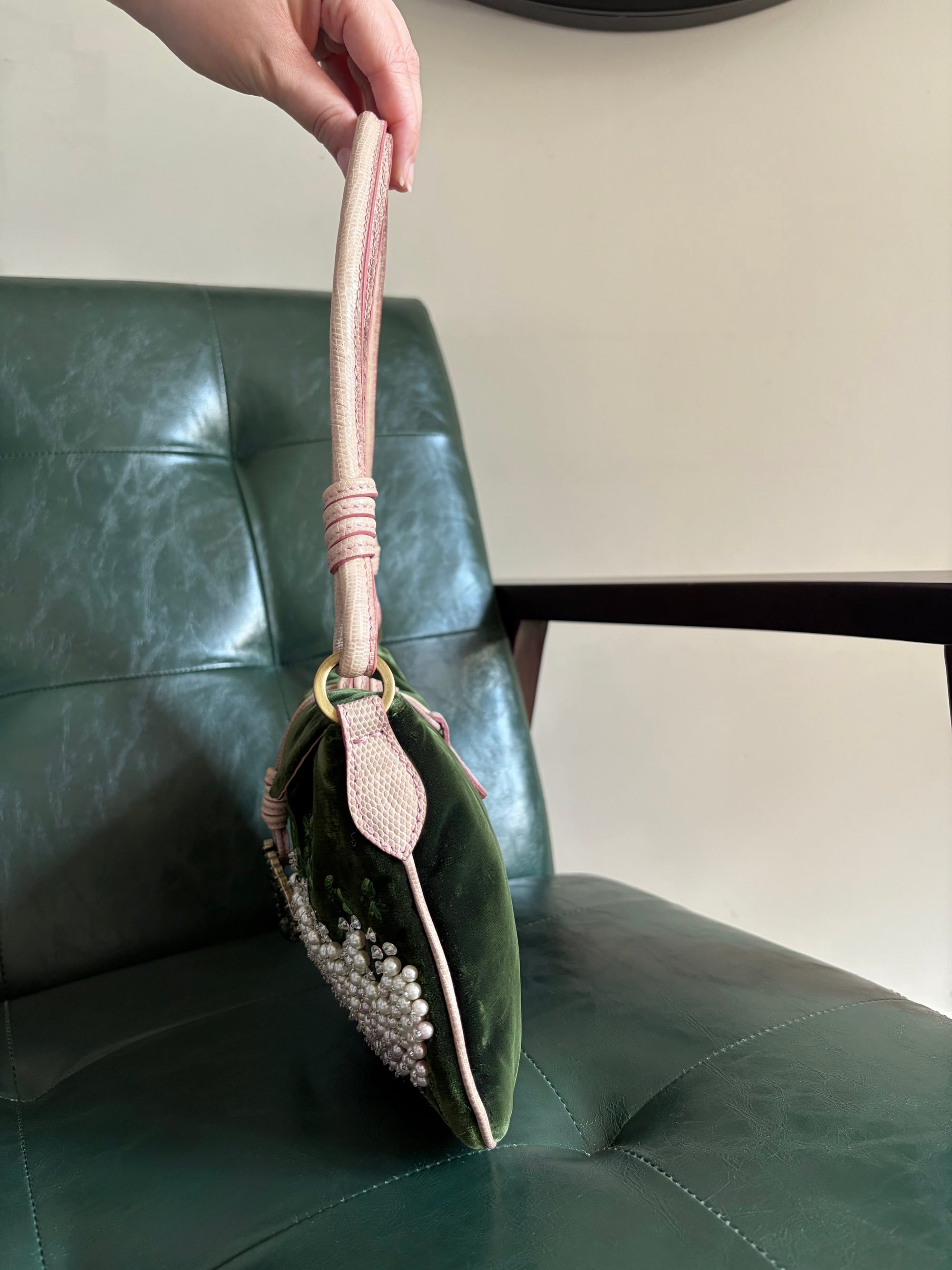 Valentino Garavani green velvet crystal embroidered shoulder bag