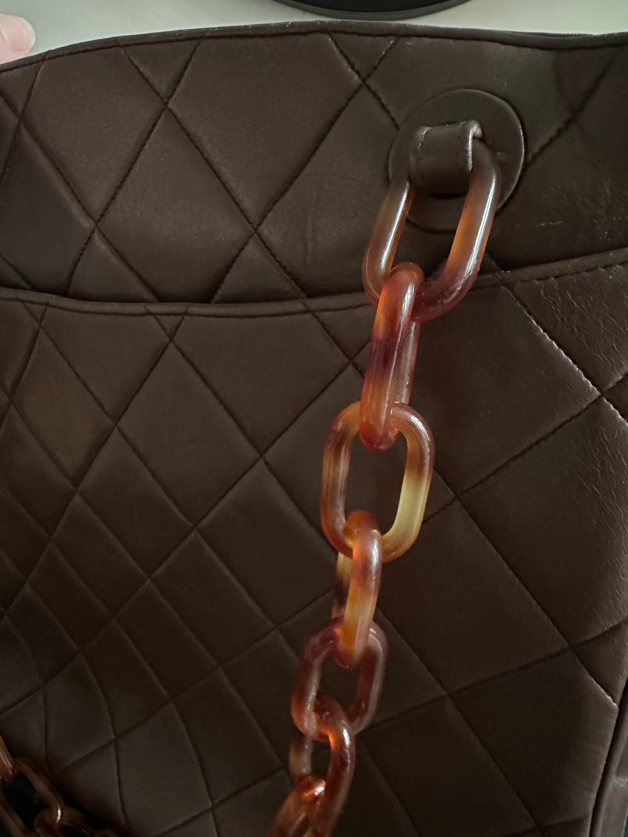 Chanel Vintage Brown Lambskin Tortoiseshell Chain Tote Bag