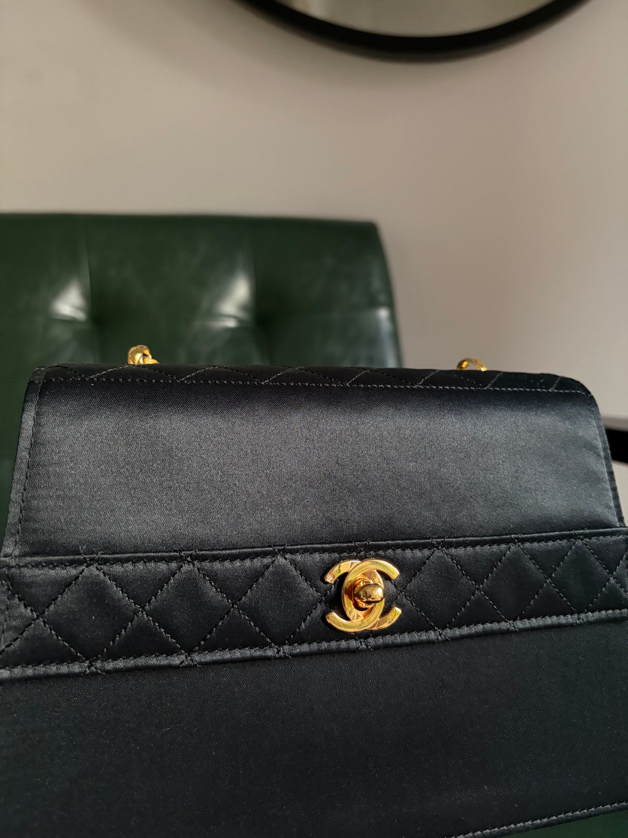 Rare! Chanel trapezoid black satin bag with 24ct gold bijoux chain