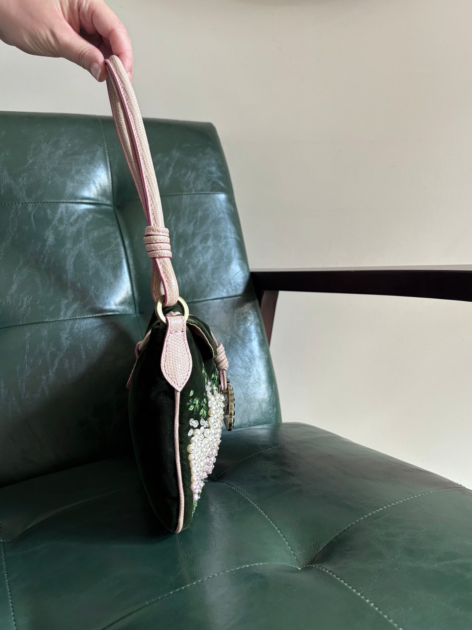Valentino Garavani green velvet crystal embroidered shoulder bag