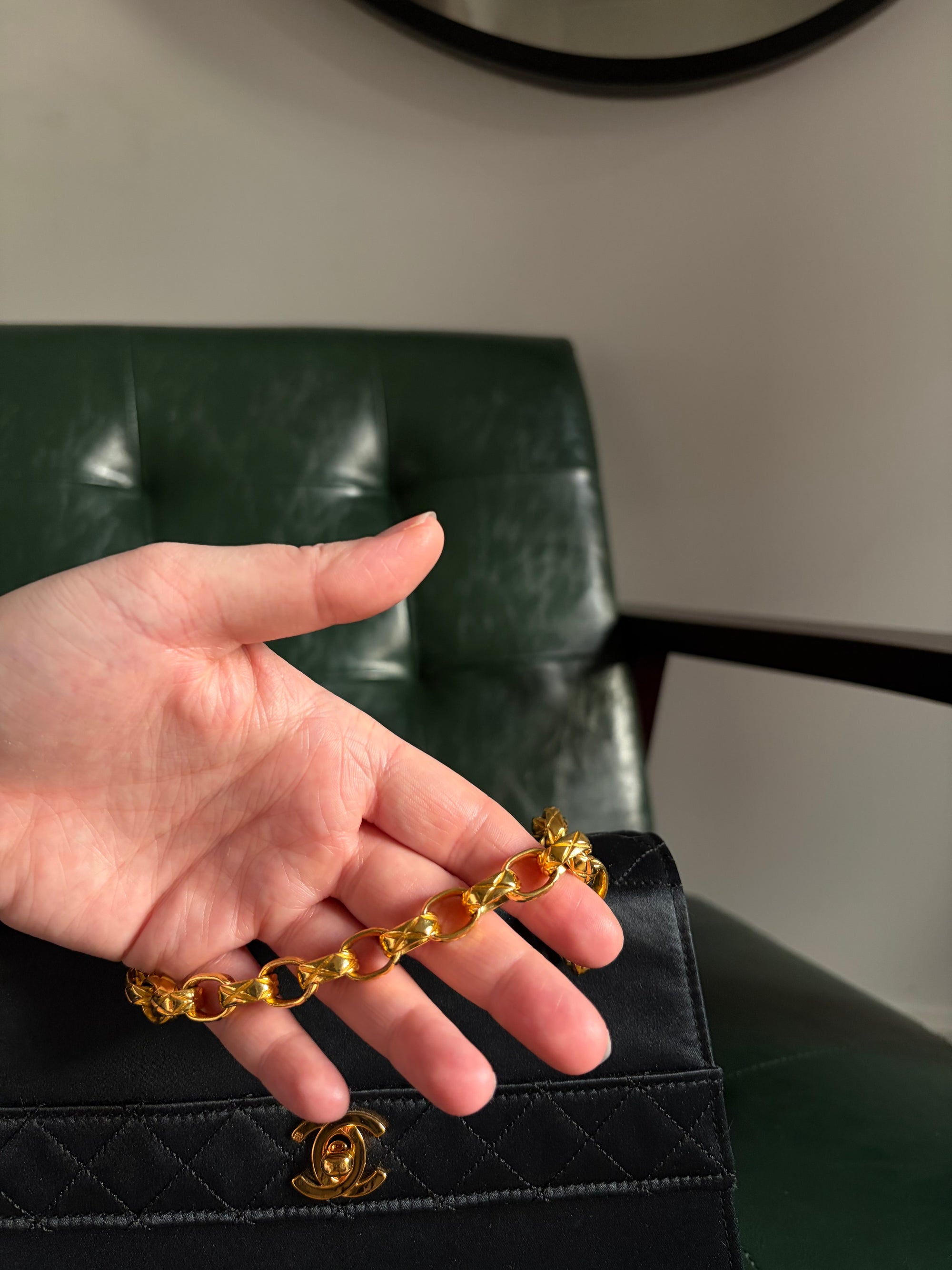 Rare! Chanel trapezoid black satin bag with 24ct gold bijoux chain