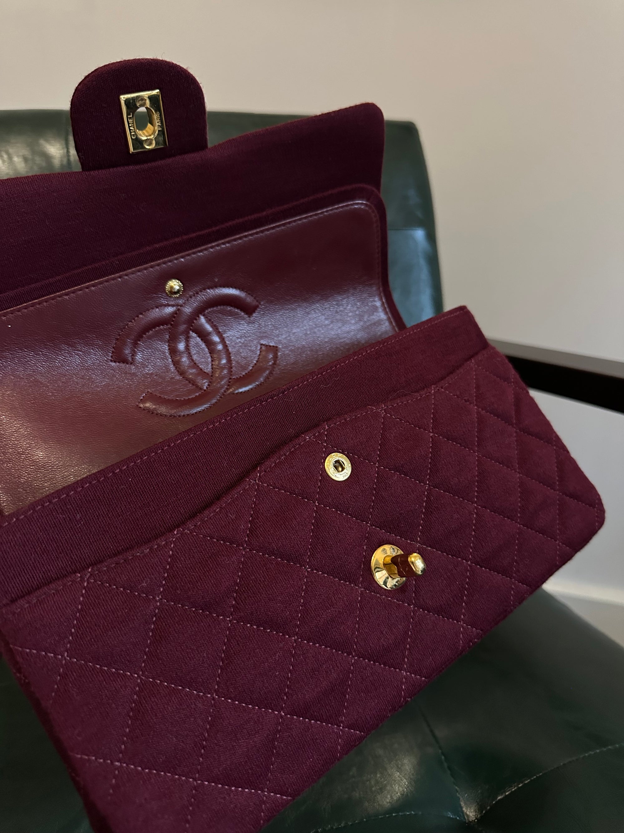 Rare! Chanel medium burgundy jersey double flap bag