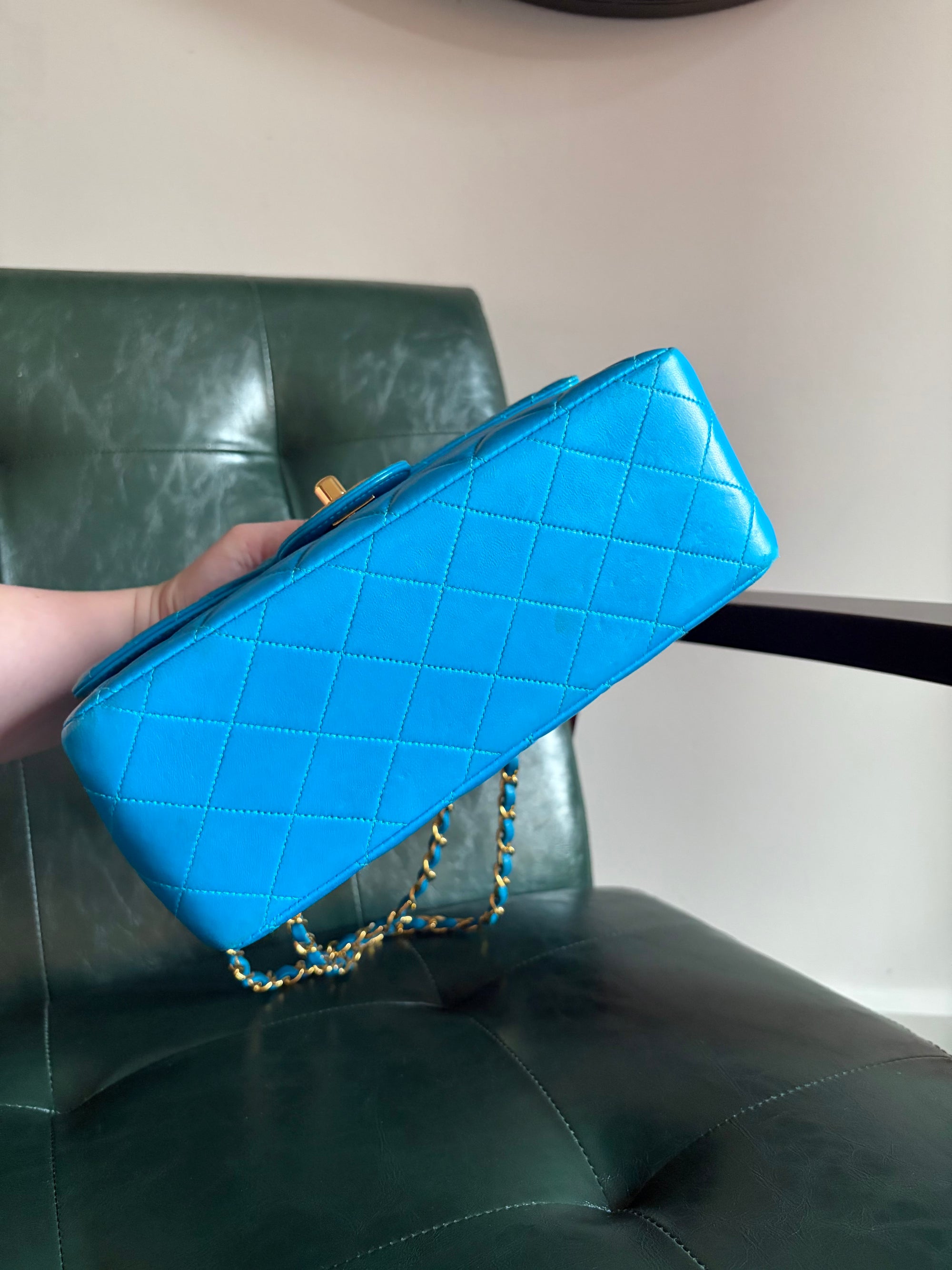 Rare! Vintage Chanel cerulean blue lambskin double sided flap bag with 24ct gold plated hardware