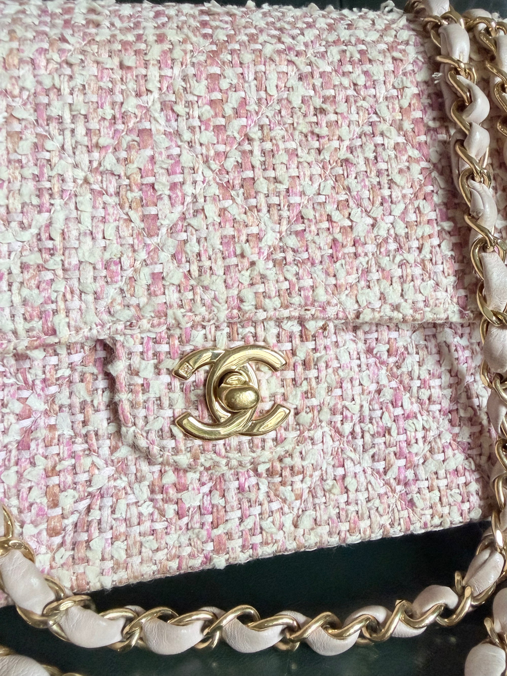 Chanel Vintage Pink and White Tweed Medium Classic Flap with 24ct Gold Hardware