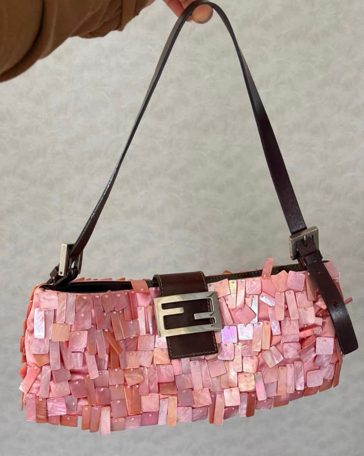 Ultra rare! Fendi pink mother of pearl satin baguette
