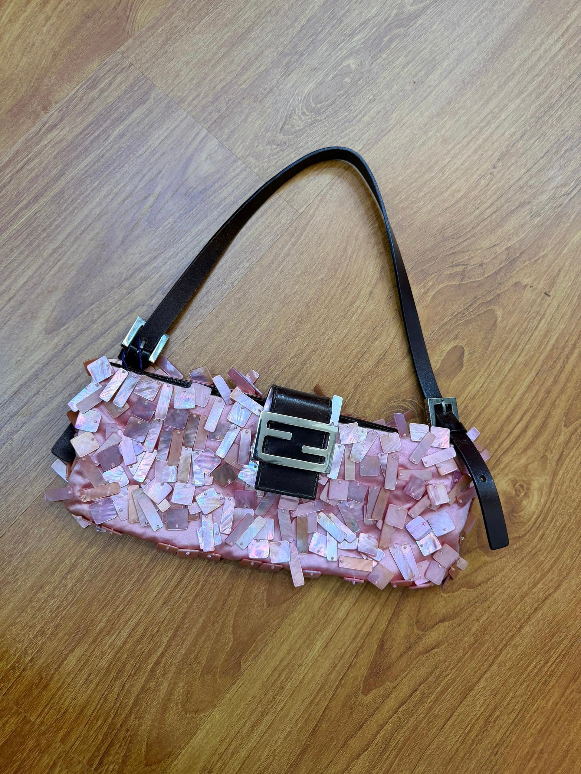 Ultra rare! Fendi pink mother of pearl satin baguette