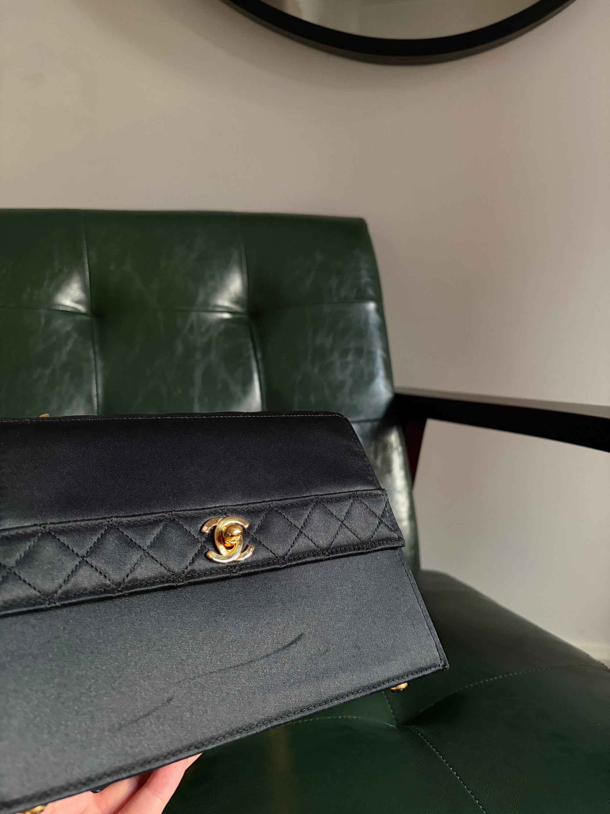 Rare! Chanel trapezoid black satin bag with 24ct gold bijoux chain