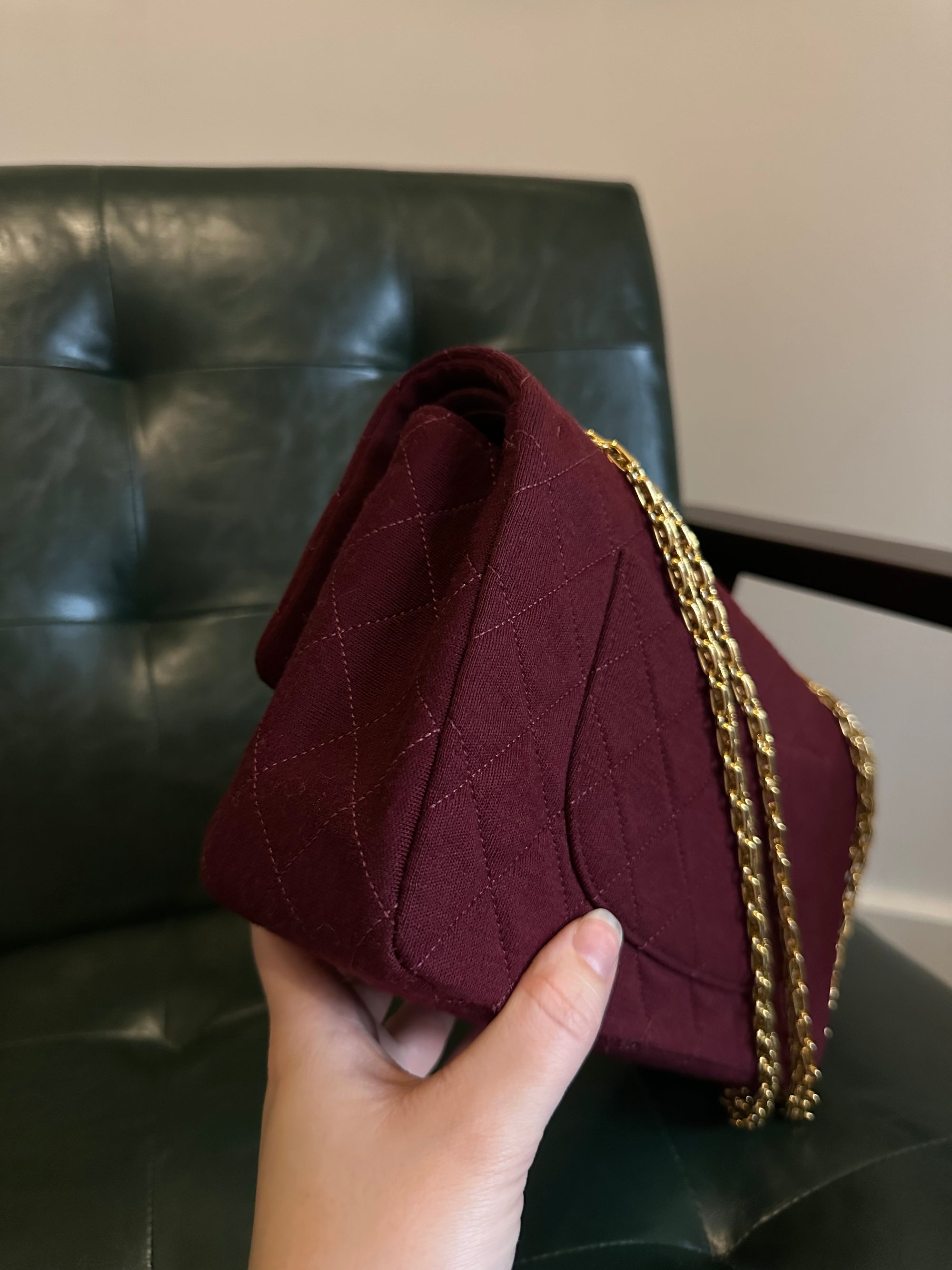 Rare! Chanel medium burgundy jersey double flap bag