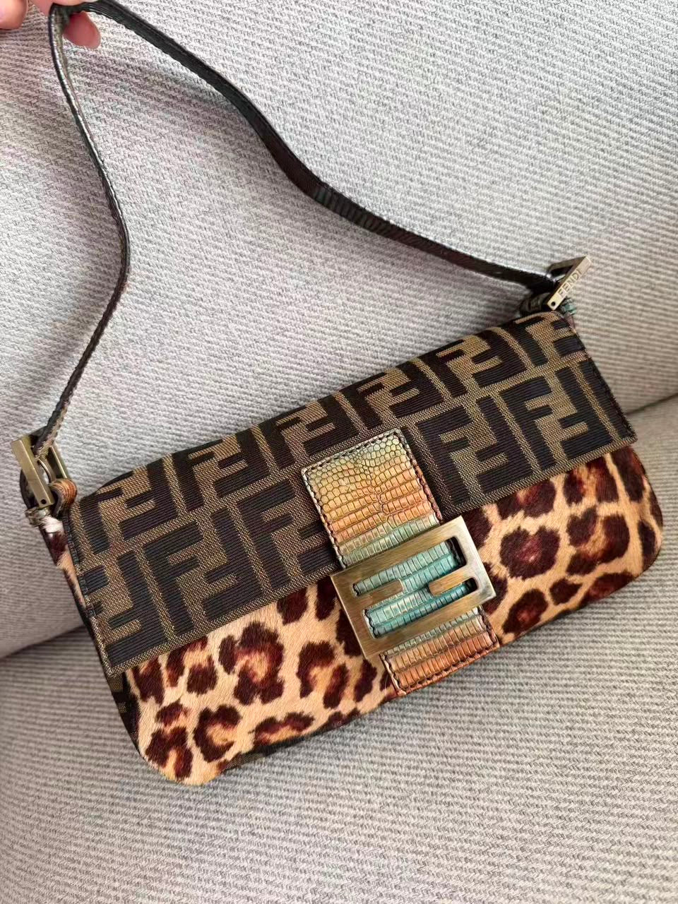 Fendi leopard pony hair lizard trim baguette