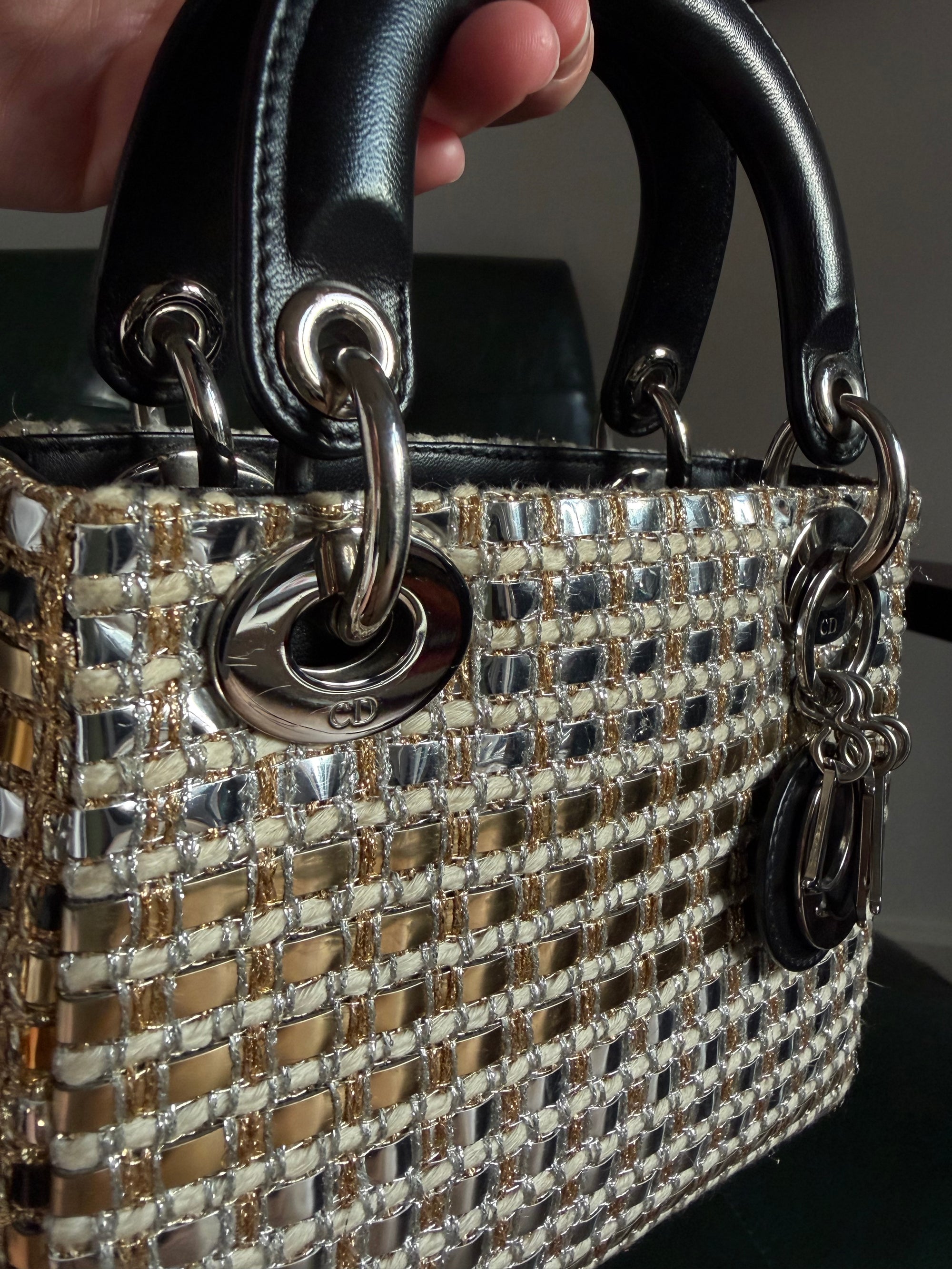 Metallic braided tweed mini Lady Dior bag