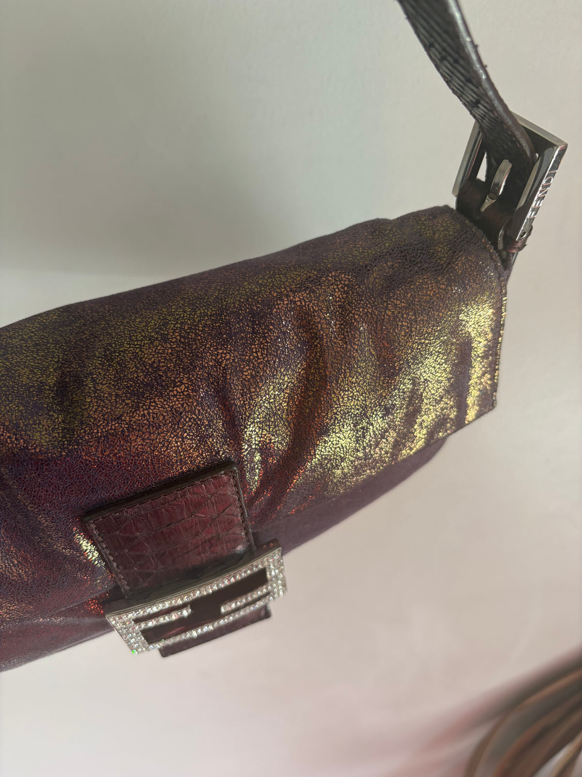 Fendi vintage purple and bronze metallic baguette bag